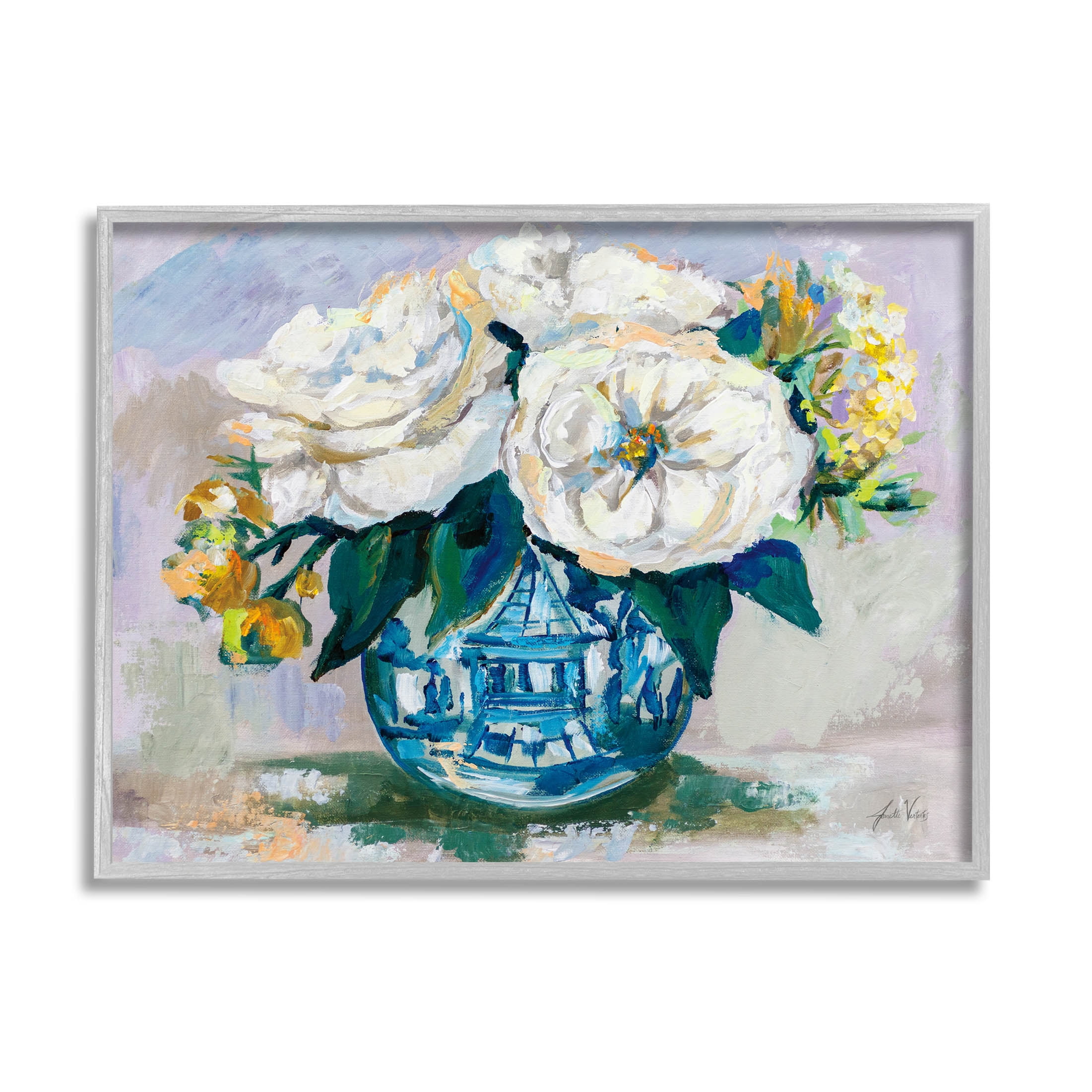 Stupell Industries Bold Modern Flower Bouquet Blossoms Painting Gray Framed Art Print Wall Art, Design by Jeanette Vertentes