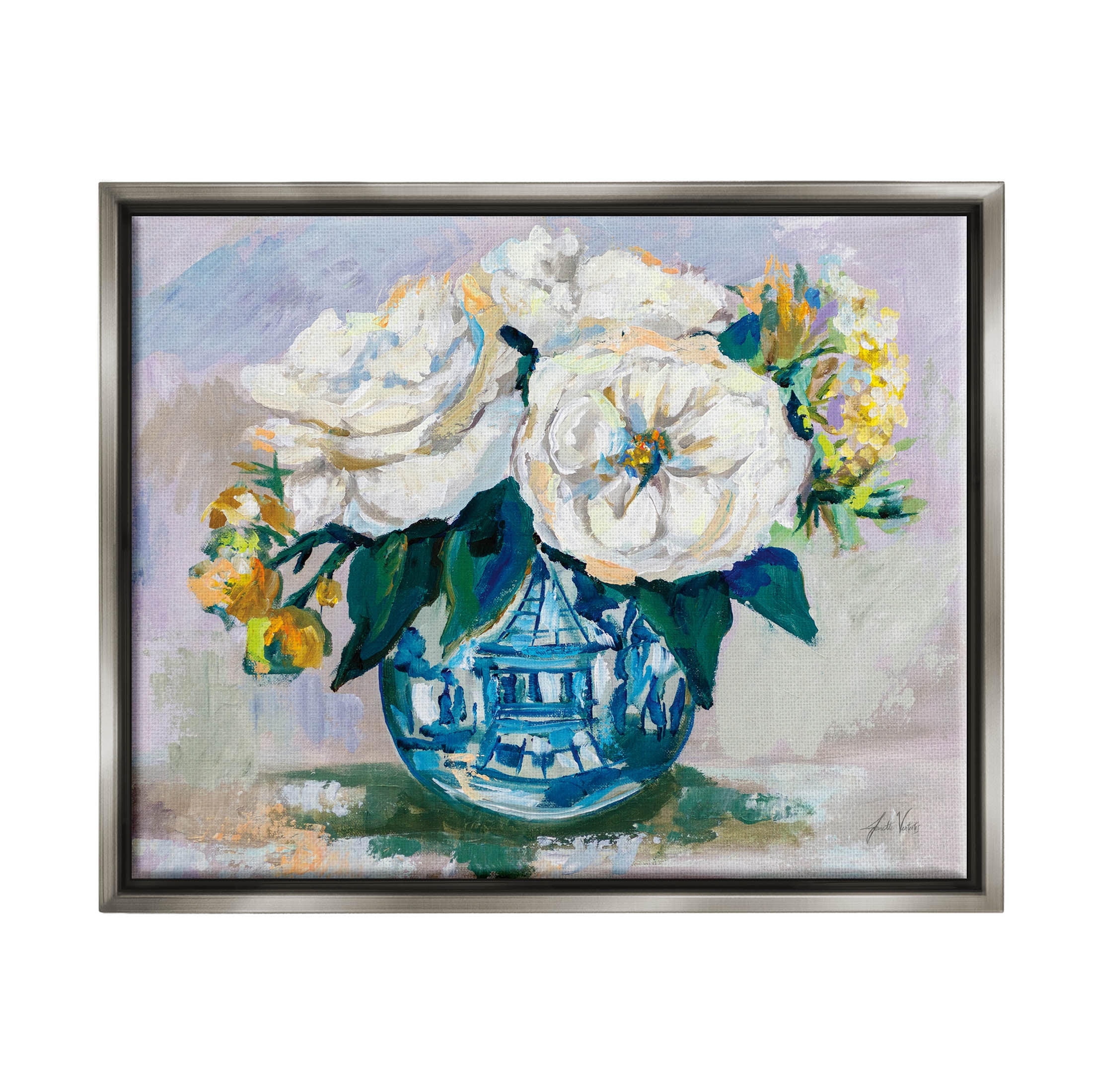 Stupell Industries Bold Modern Flower Bouquet Blossoms Painting Luster Gray Floating Framed Canvas Print Wall Art, Design by Jeanette Vertentes