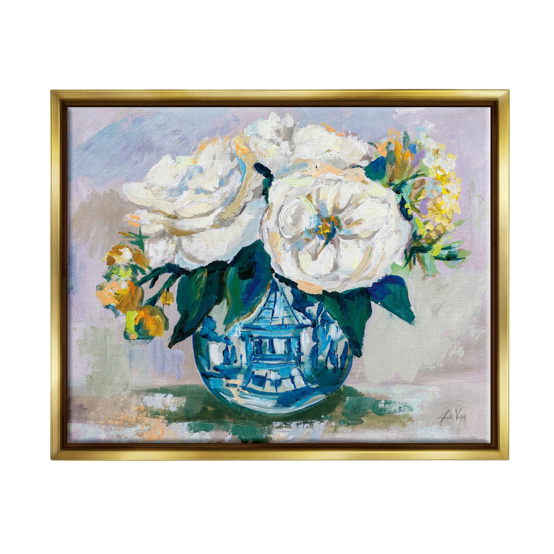 Stupell Industries Bold Modern Flower Bouquet Blossoms Painting Metallic Gold Floating Framed Canvas Print Wall Art, Design by Jeanette Vertentes