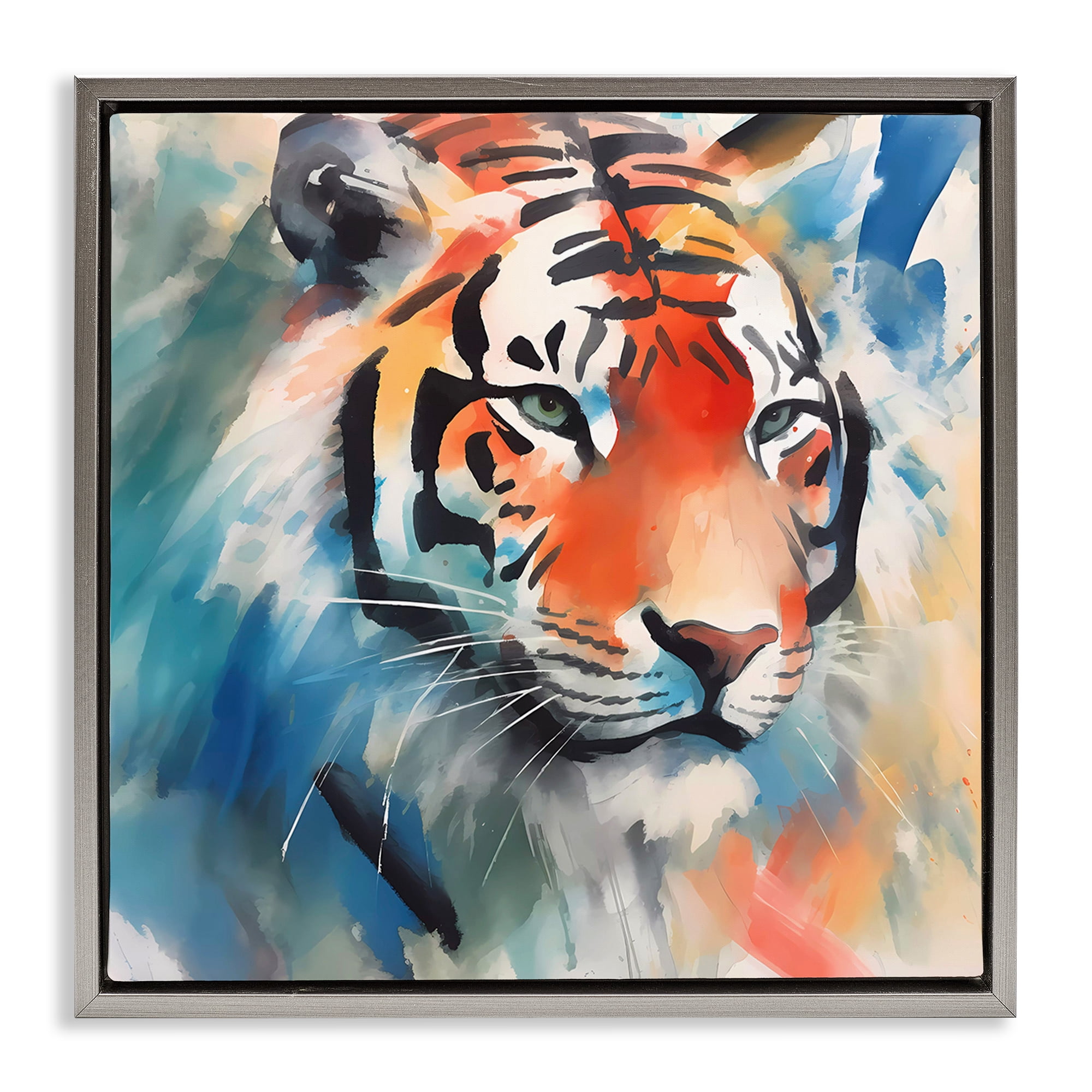 Stupell Industries Bold Modern tiger Animals & Insects Painting Gray Floater Framed Canvas Art Print Wall Art, 18 x 18
