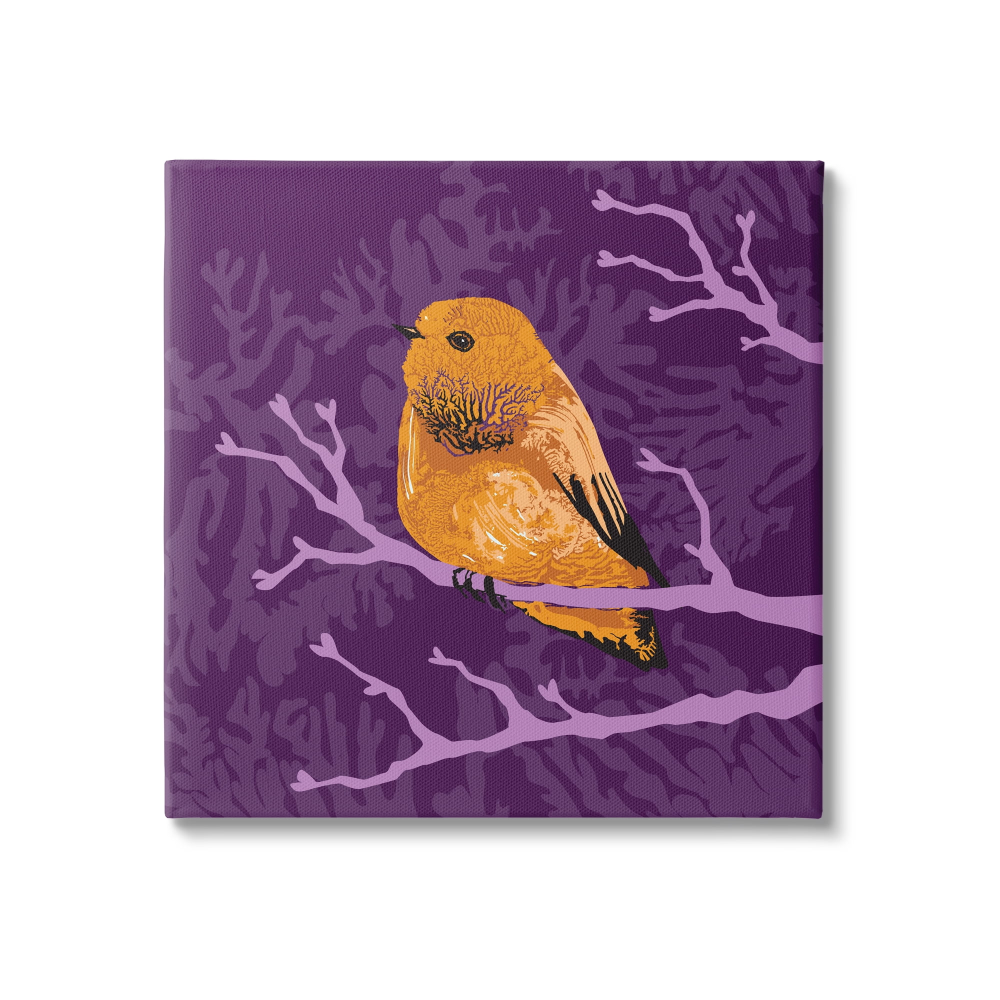 Stupell Industries Bold Orange Bird Sitting Purple Branches Layered Botanicals Graphic Art Gallery Wrapped Canvas Print Wall Art, Design by Verbrugge Watercolor