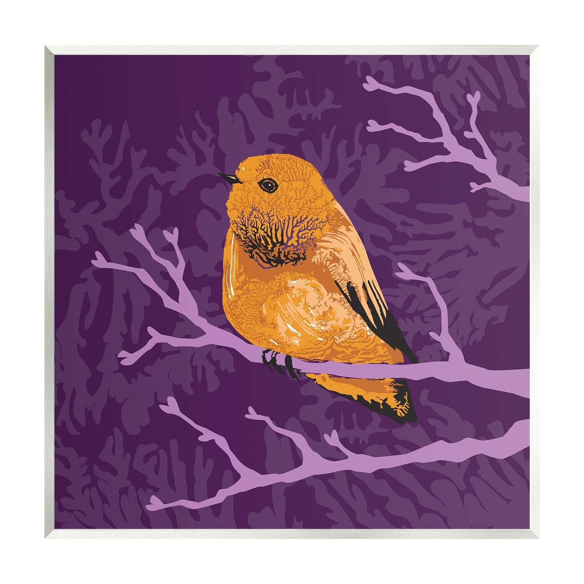 Stupell Industries Bold Orange Bird Sitting Purple Branches Layered Botanicals Graphic Art Unframed Art Print Wall Art, Design by Verbrugge Watercolor