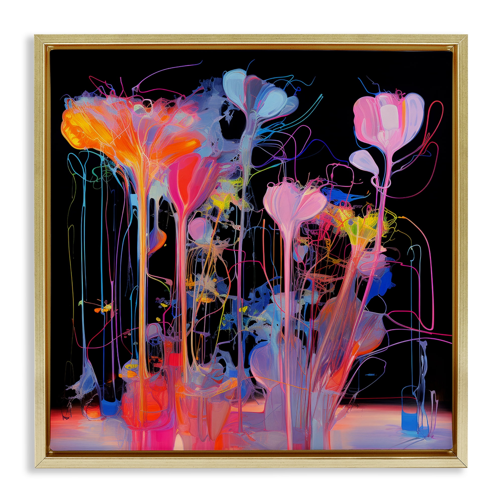 Stupell Industries Bold Otherworldly Blossoms Abstract Painting Gold Floater Framed Canvas Art Print Wall Art, 18 x 18