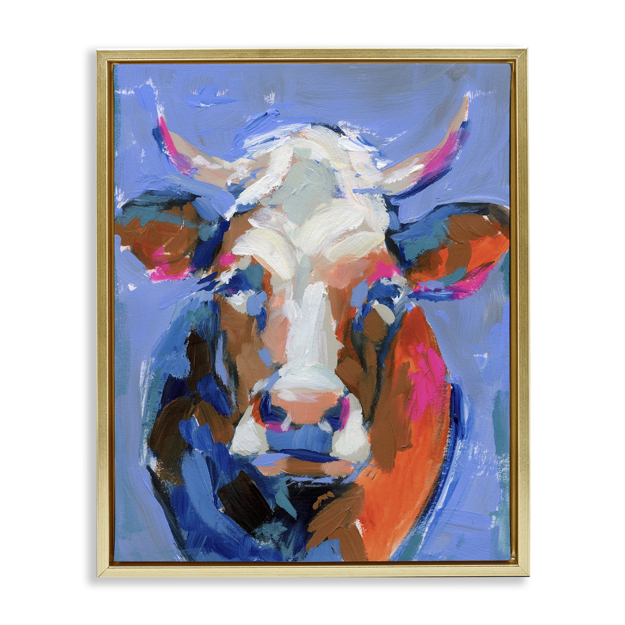 Stupell Industries Bold Paint Strokes Cow Animals & Insects Painting Gold Floater Framed Canvas Art Print Wall Art, 17 x 21