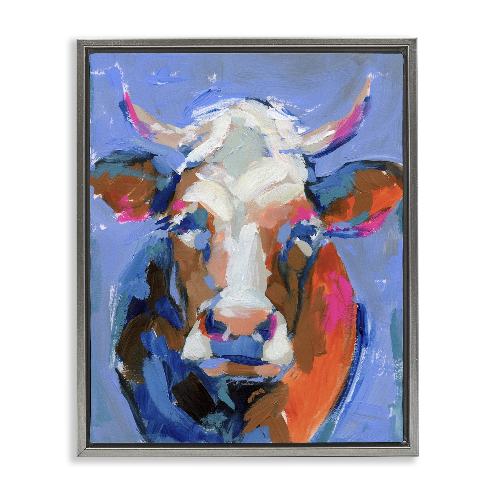 Stupell Industries Bold Paint Strokes Cow Animals & Insects Painting Gray Floater Framed Canvas Art Print Wall Art, 17 x 21