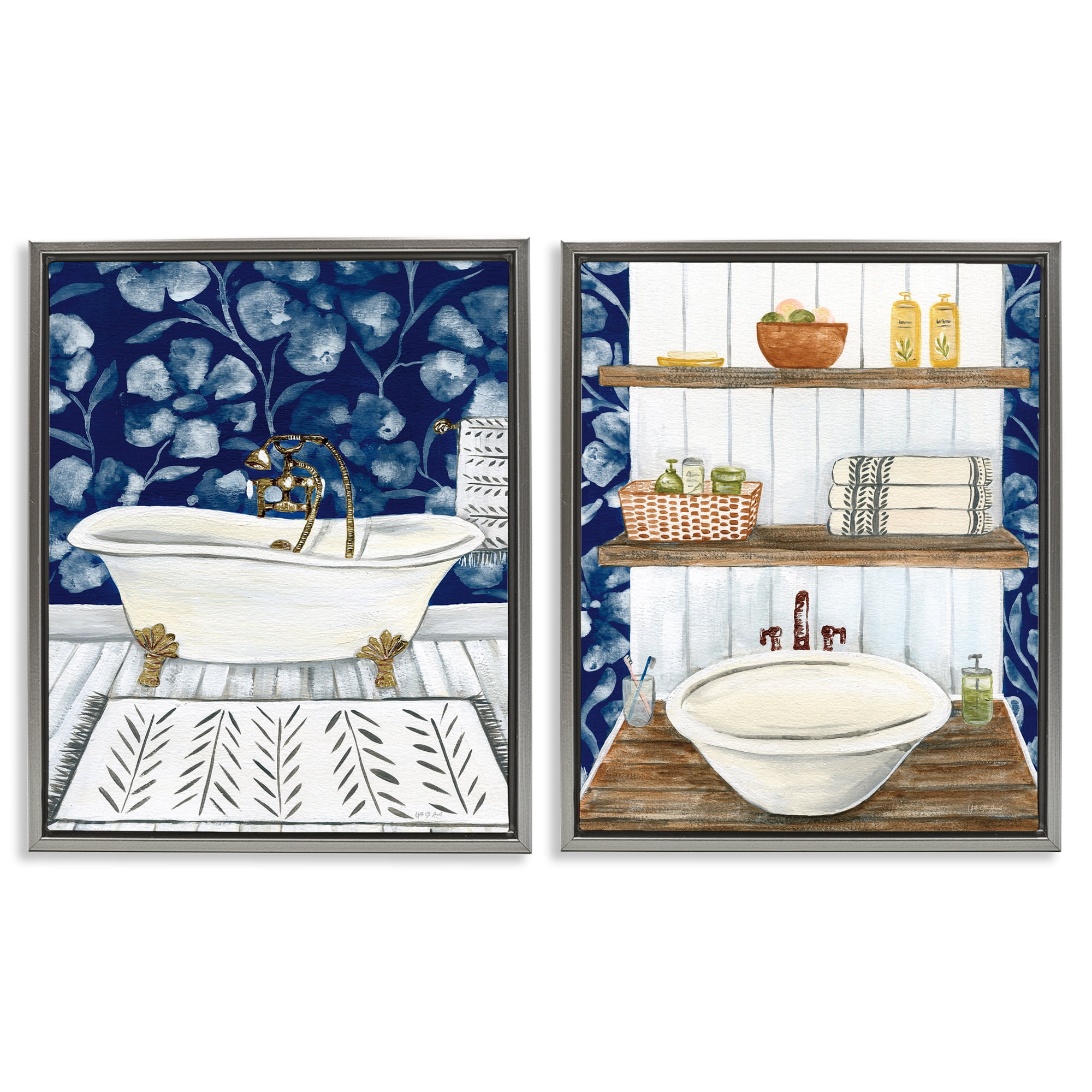 Stupell Industries Bold Painted Farmhouse Bathroom Bath & Laundry Painting Gray Floater Framed Canvas Art Print Wall Art, 17 x 21, Set of 2