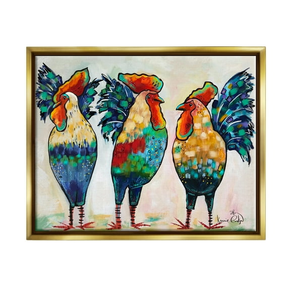 Stupell Industries Bold Patterned Chickens Hens Vivid Feathers Standing Painting Metallic Gold Floating Framed Canvas Print Wall Art, Design by Karrie Evenson