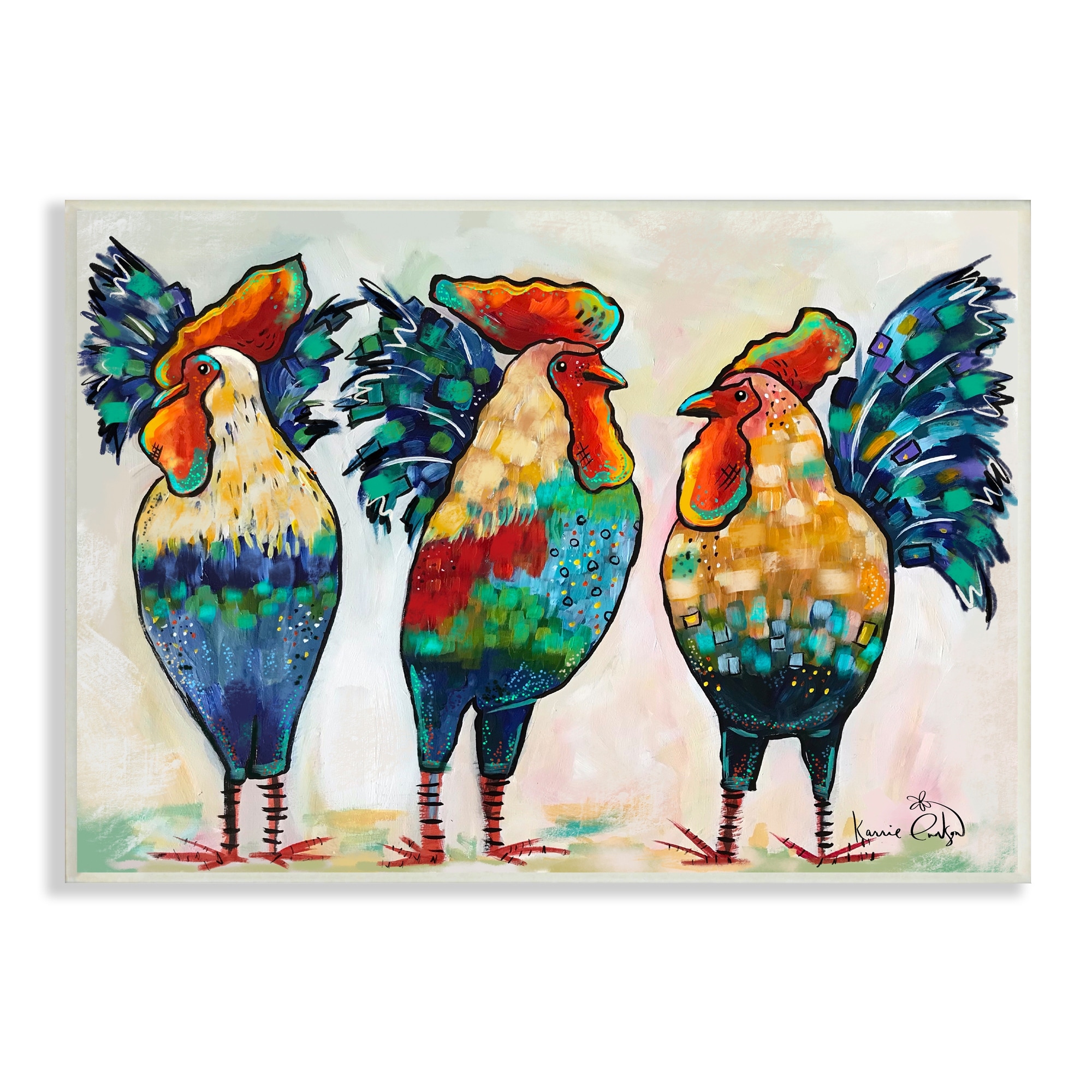Stupell Industries Bold Patterned Chickens Hens Vivid Feathers Standing Painting Unframed Art Print Wall Art, Design by Karrie Evenson