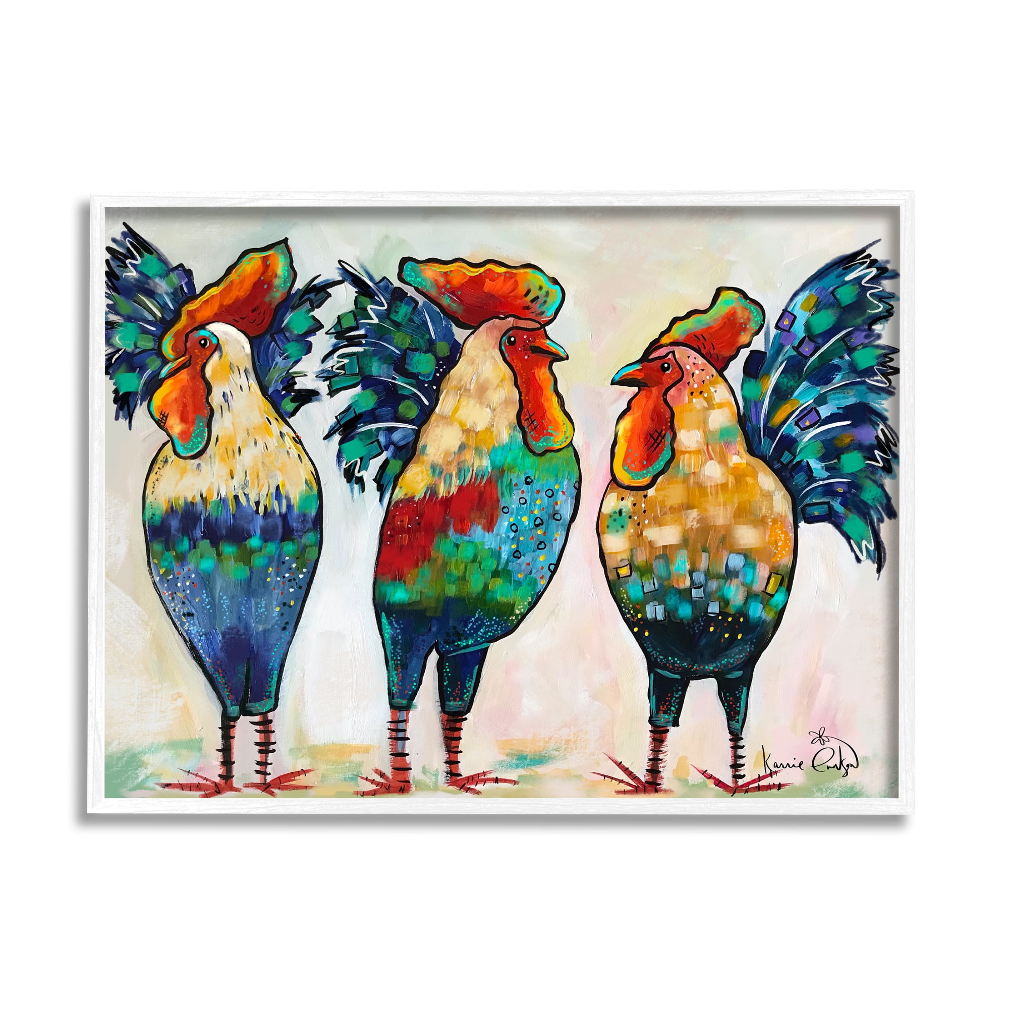 Stupell Industries Bold Patterned Chickens Hens Vivid Feathers Standing Painting White Framed Art Print Wall Art, Design by Karrie Evenson