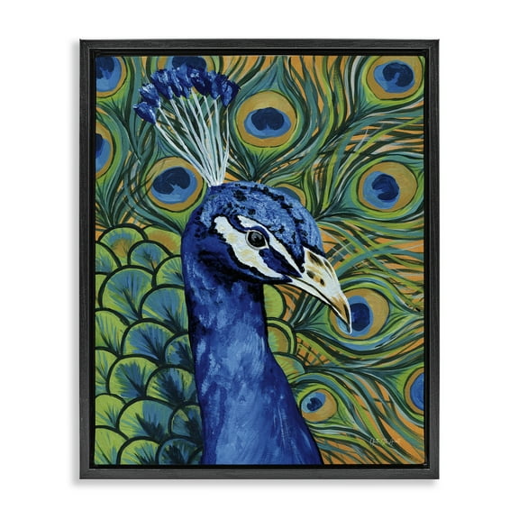 Stupell Industries Bold Peacock Feathers Pattern Animals & Insects Painting Black Floater Framed Canvas Art Print Wall Art, 17 x 21