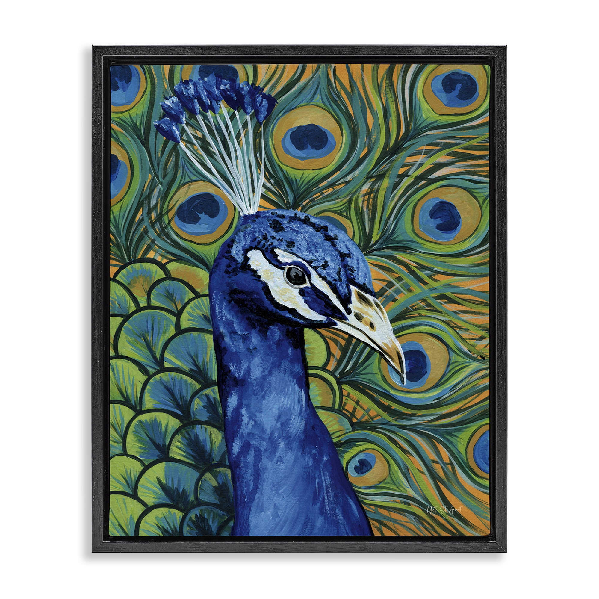Stupell Industries Bold Peacock Feathers Pattern Animals & Insects Painting Black Floater Framed Canvas Art Print Wall Art, 25 x 31