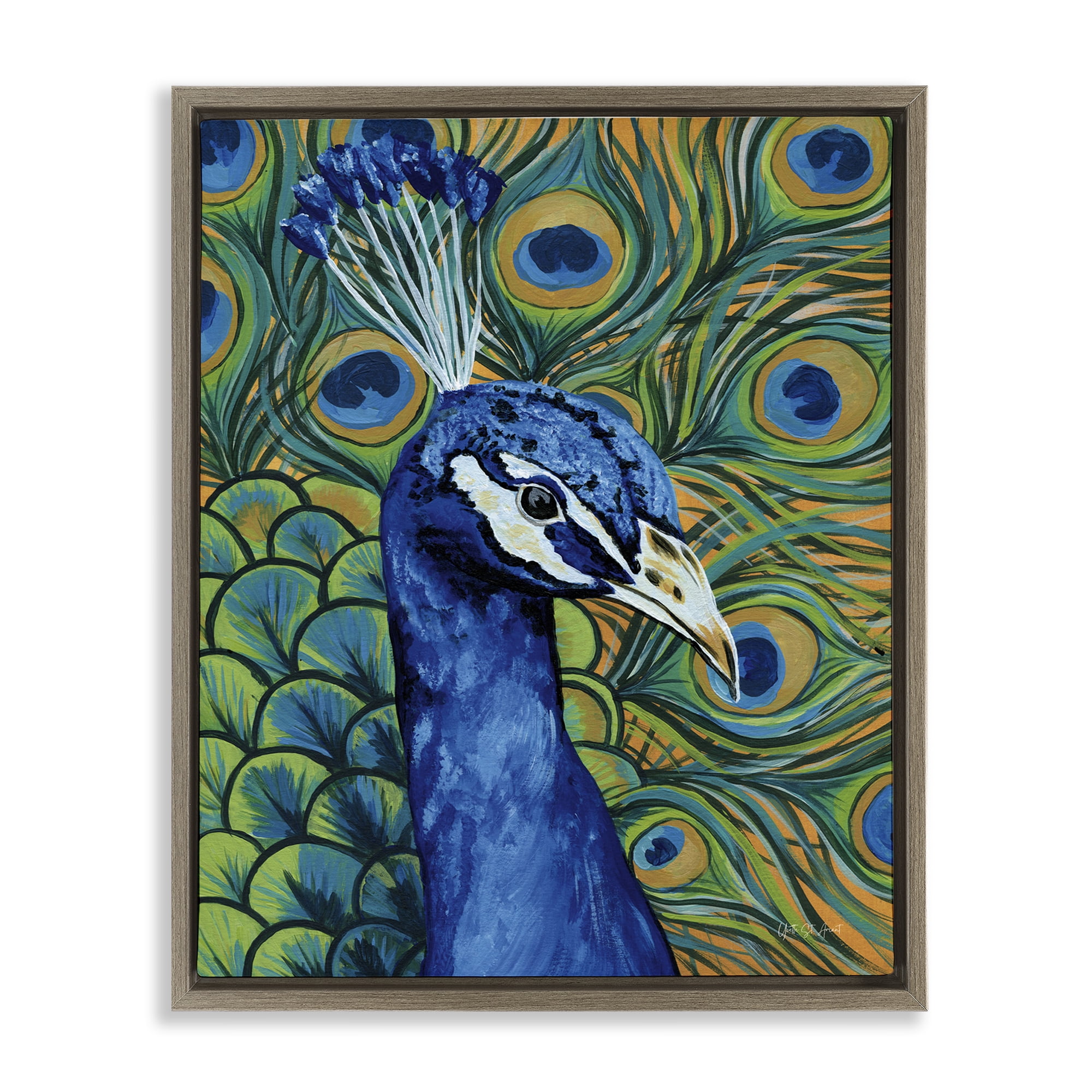 Stupell Industries Bold Peacock Feathers Pattern Animals & Insects Painting Brown Floater Framed Canvas Art Print Wall Art, 25 x 31