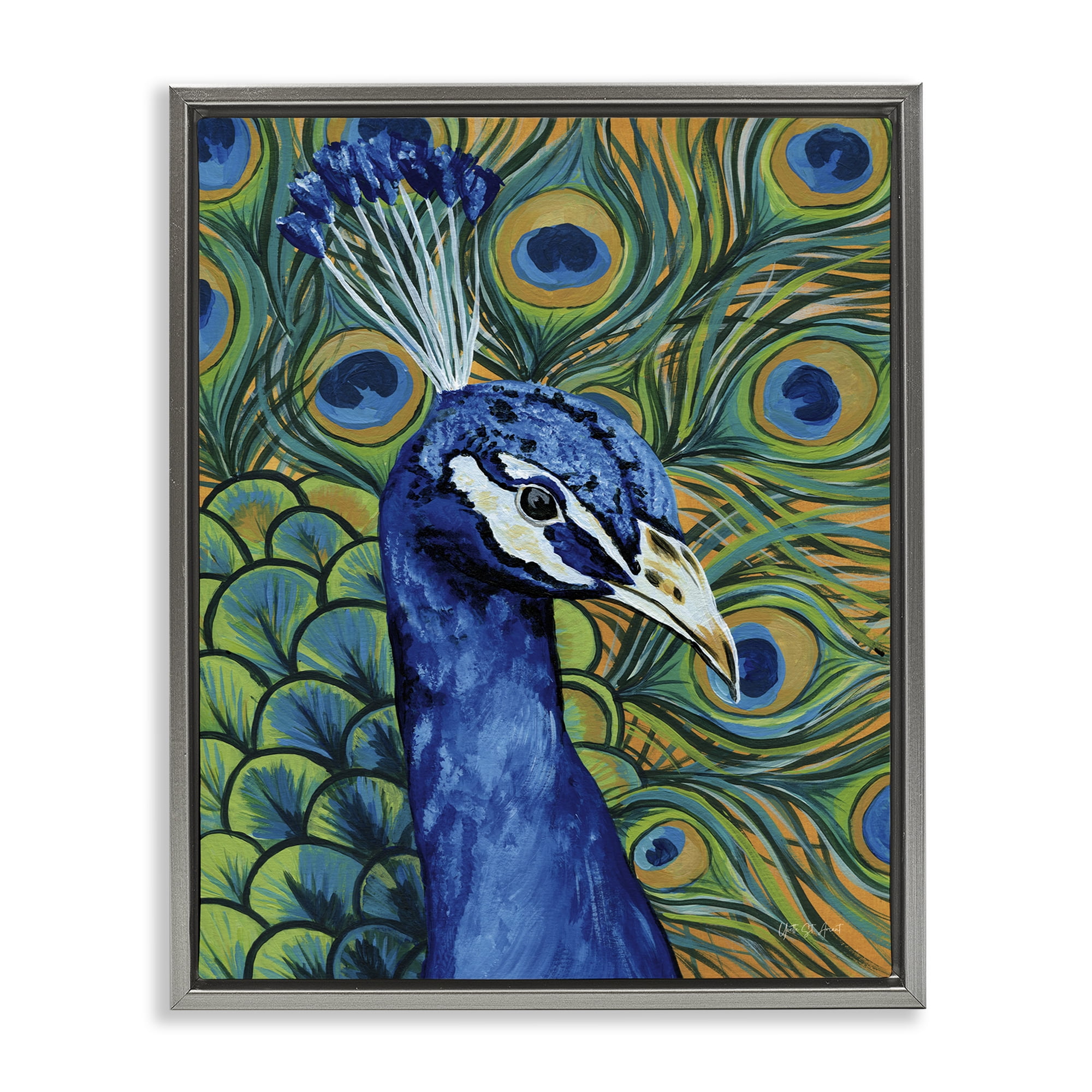 Stupell Industries Bold Peacock Feathers Pattern Animals & Insects Painting Gray Floater Framed Canvas Art Print Wall Art, 17 x 21