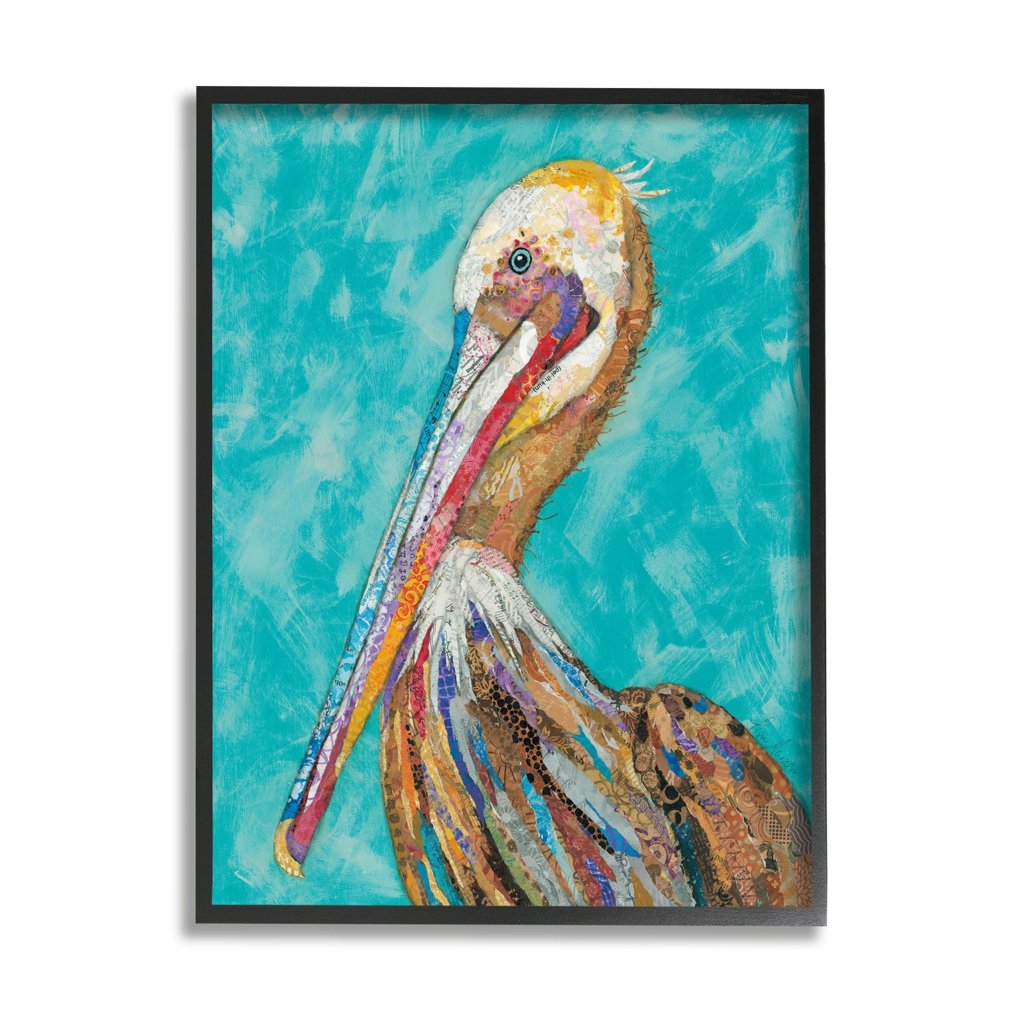 Stupell Industries Bold Pelican Bird Varied Collage Pattern Stripes Painting Black Framed Art Print Wall Art, Design by Lisa Morales
