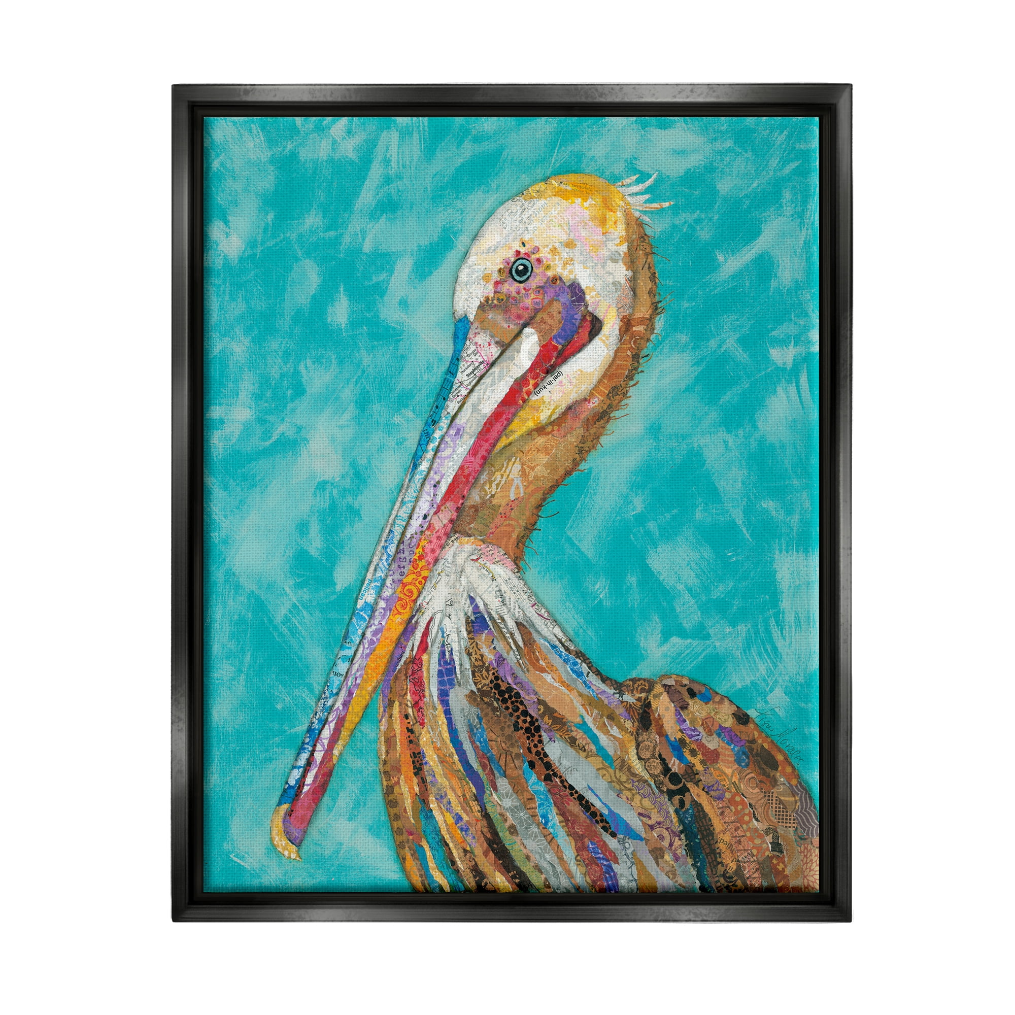 Stupell Industries Bold Pelican Bird Varied Collage Pattern Stripes Painting Jet Black Floating Framed Canvas Print Wall Art, Design by Lisa Morales