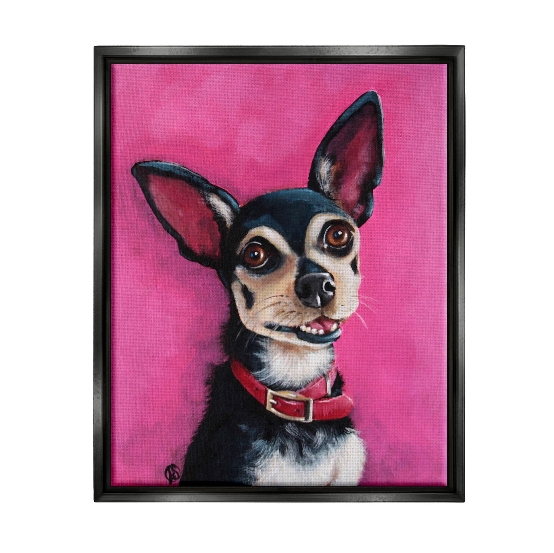 Stupell Industries Bold Pink Chihuahua Portrait Painting Jet Black Floating Framed Canvas Print Wall Art, Design by Lucia Stewart