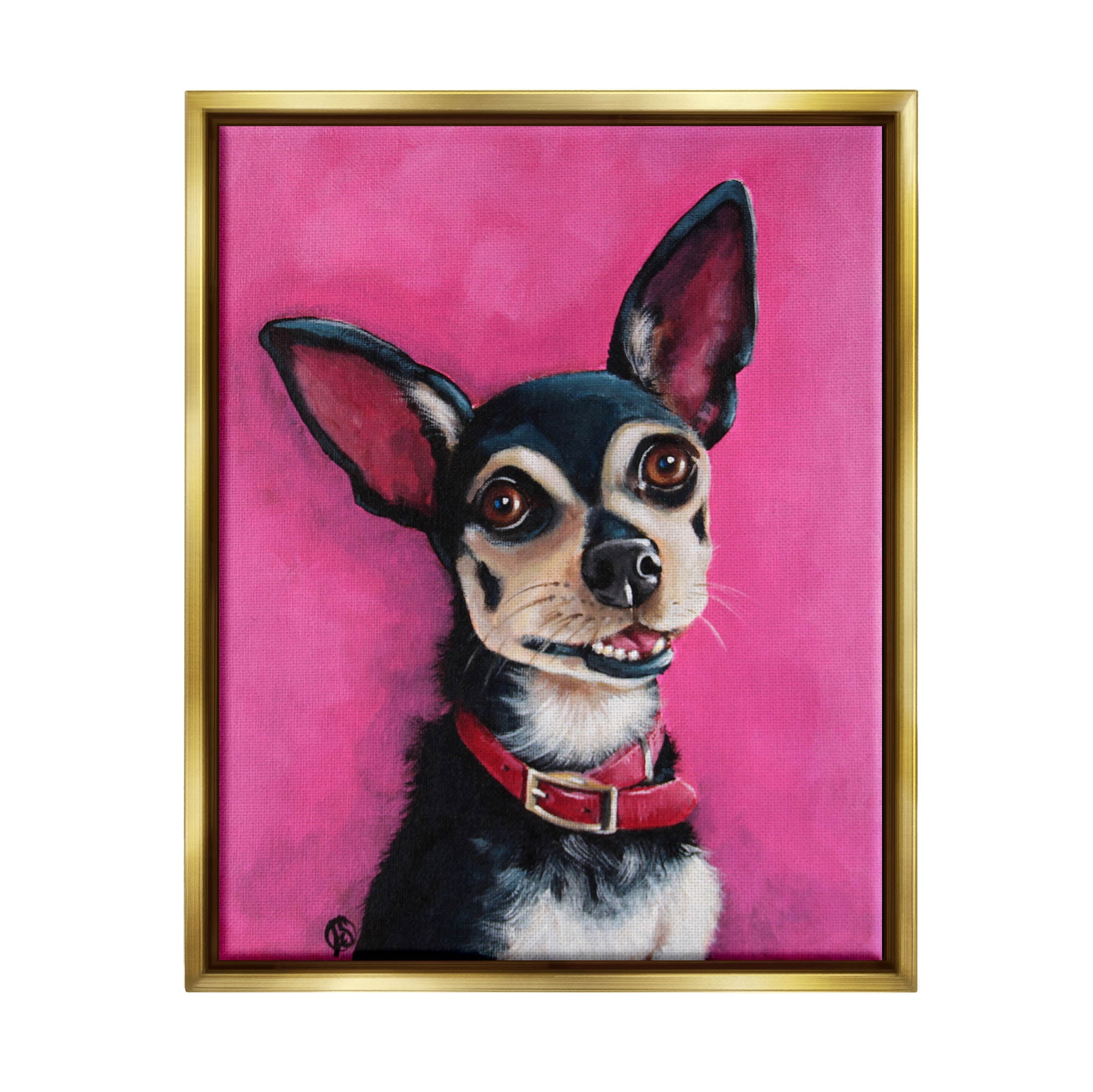 Stupell Industries Bold Pink Chihuahua Portrait Painting Metallic Gold Floating Framed Canvas Print Wall Art, Design by Lucia Stewart