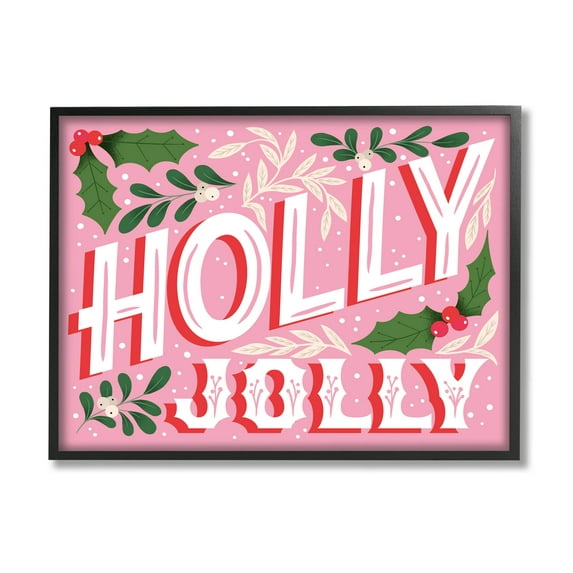 Stupell Industries Bold Pink Holly Jolly Phrase Graphic Art Black Framed Art Print Wall Art, Design by The Saturday Evening Post