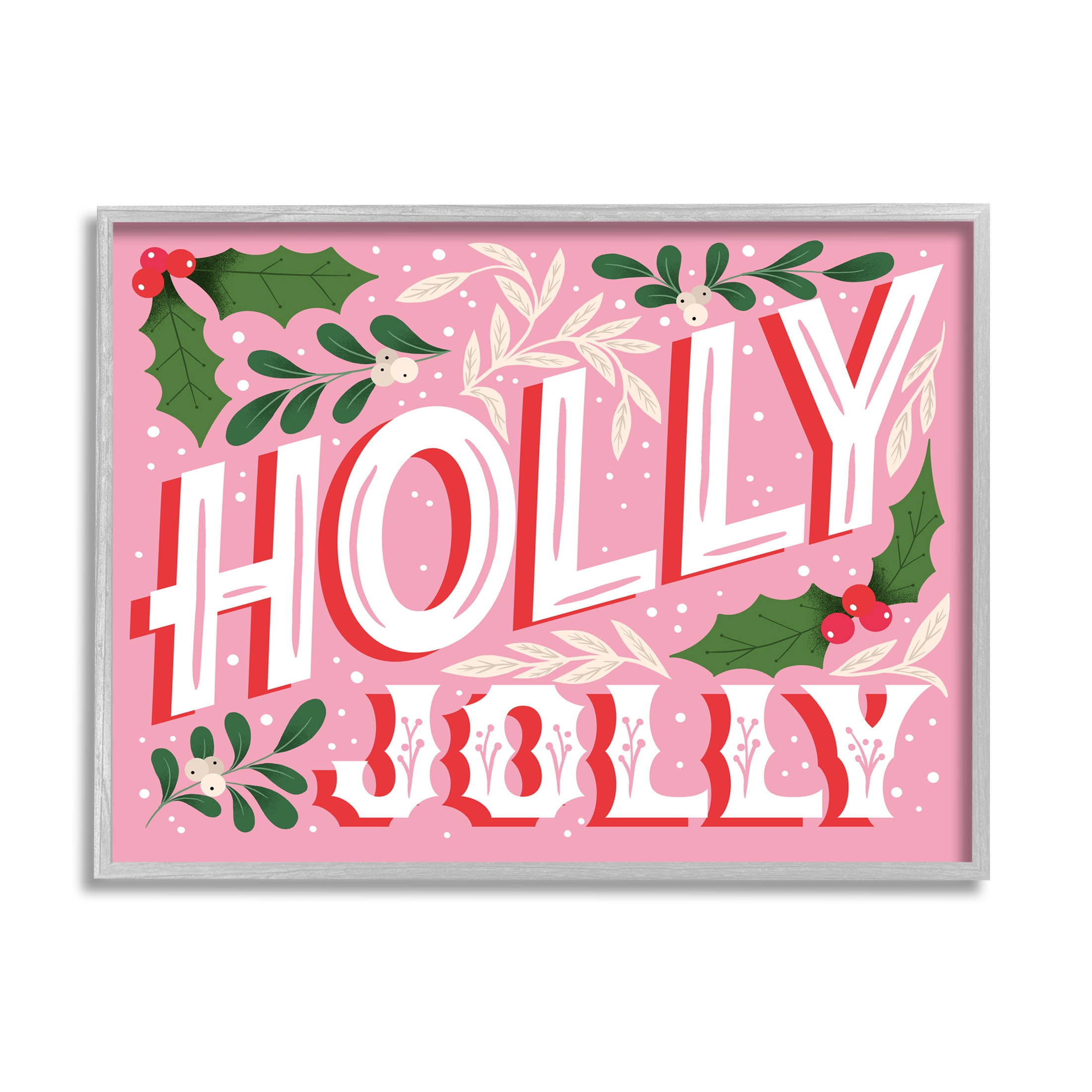Stupell Industries Bold Pink Holly Jolly Phrase Graphic Art Gray Framed Art Print Wall Art, Design by The Saturday Evening Post