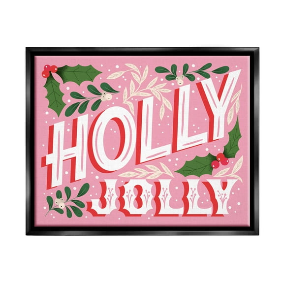 Stupell Industries Bold Pink Holly Jolly Phrase Graphic Art Jet Black Floating Framed Canvas Print Wall Art, Design by The Saturday Evening Post
