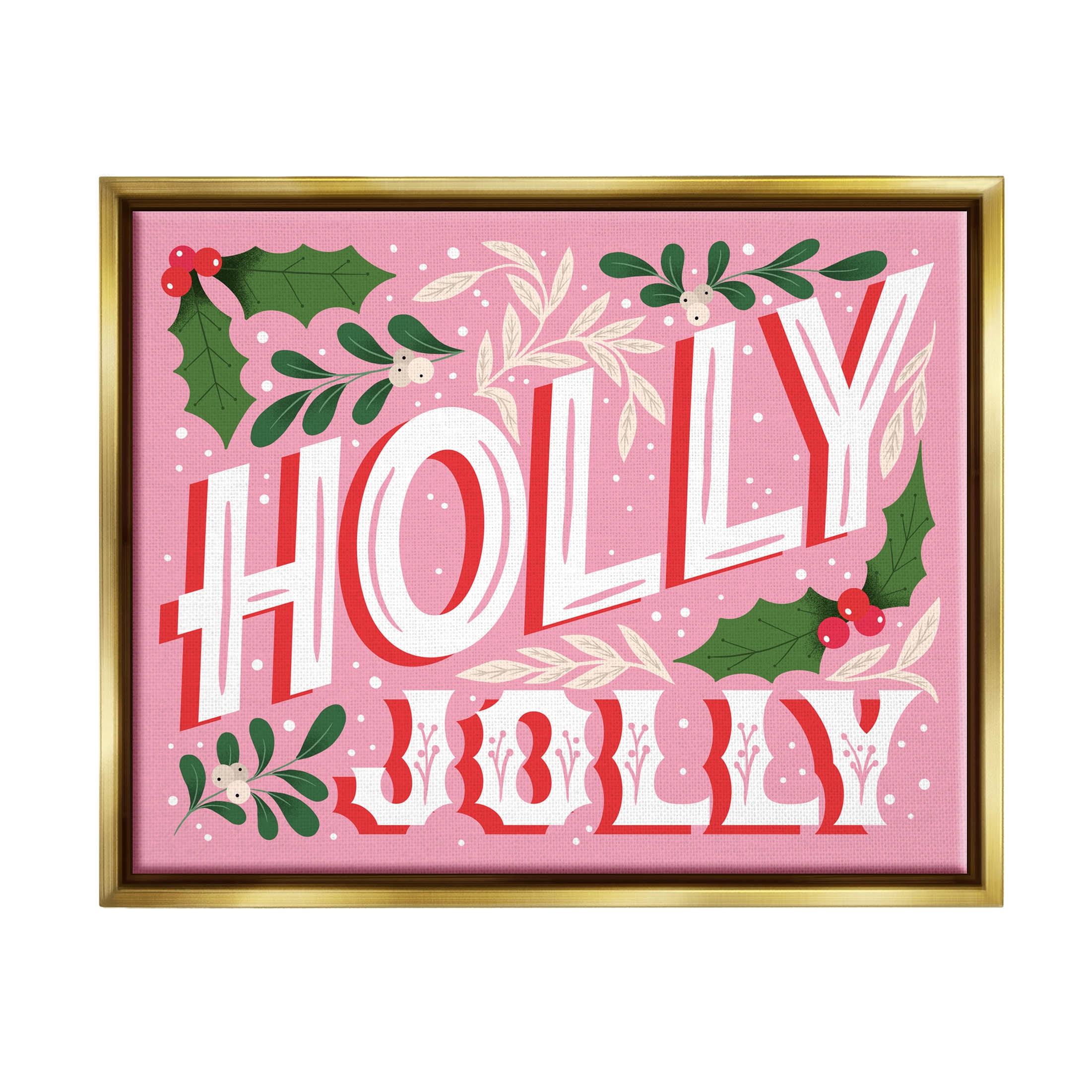 Stupell Industries Bold Pink Holly Jolly Phrase Graphic Art Metallic Gold Floating Framed Canvas Print Wall Art, Design by The Saturday Evening Post
