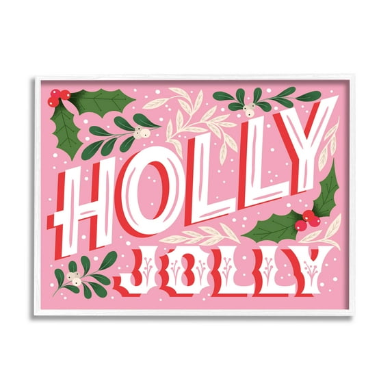 Stupell Industries Bold Pink Holly Jolly Phrase Graphic Art White Framed Art Print Wall Art, Design by The Saturday Evening Post