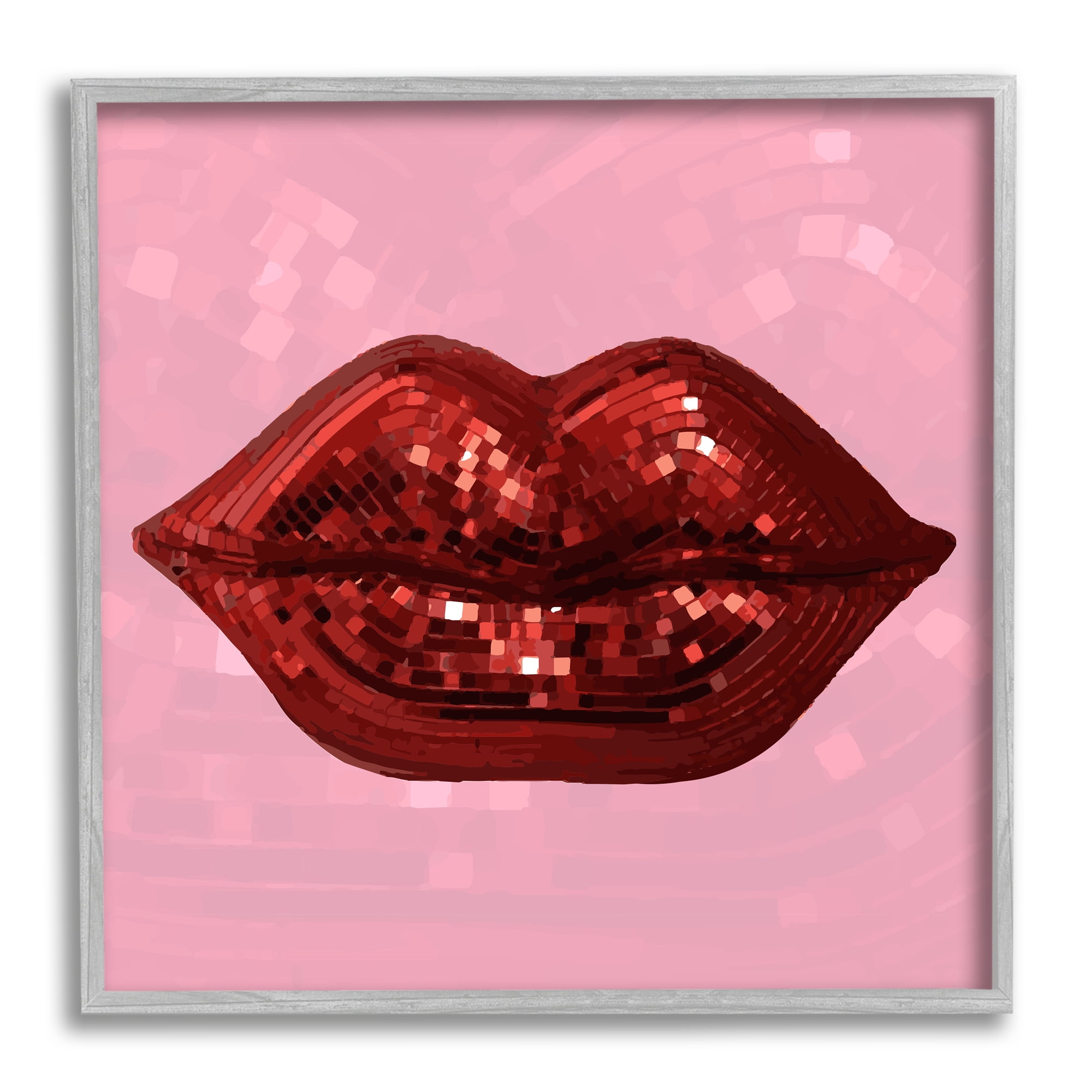 Stupell Industries Bold Pink & Red Lips Disco Pattern Beauty & Fashion Painting Gray Framed Art Print Wall Art