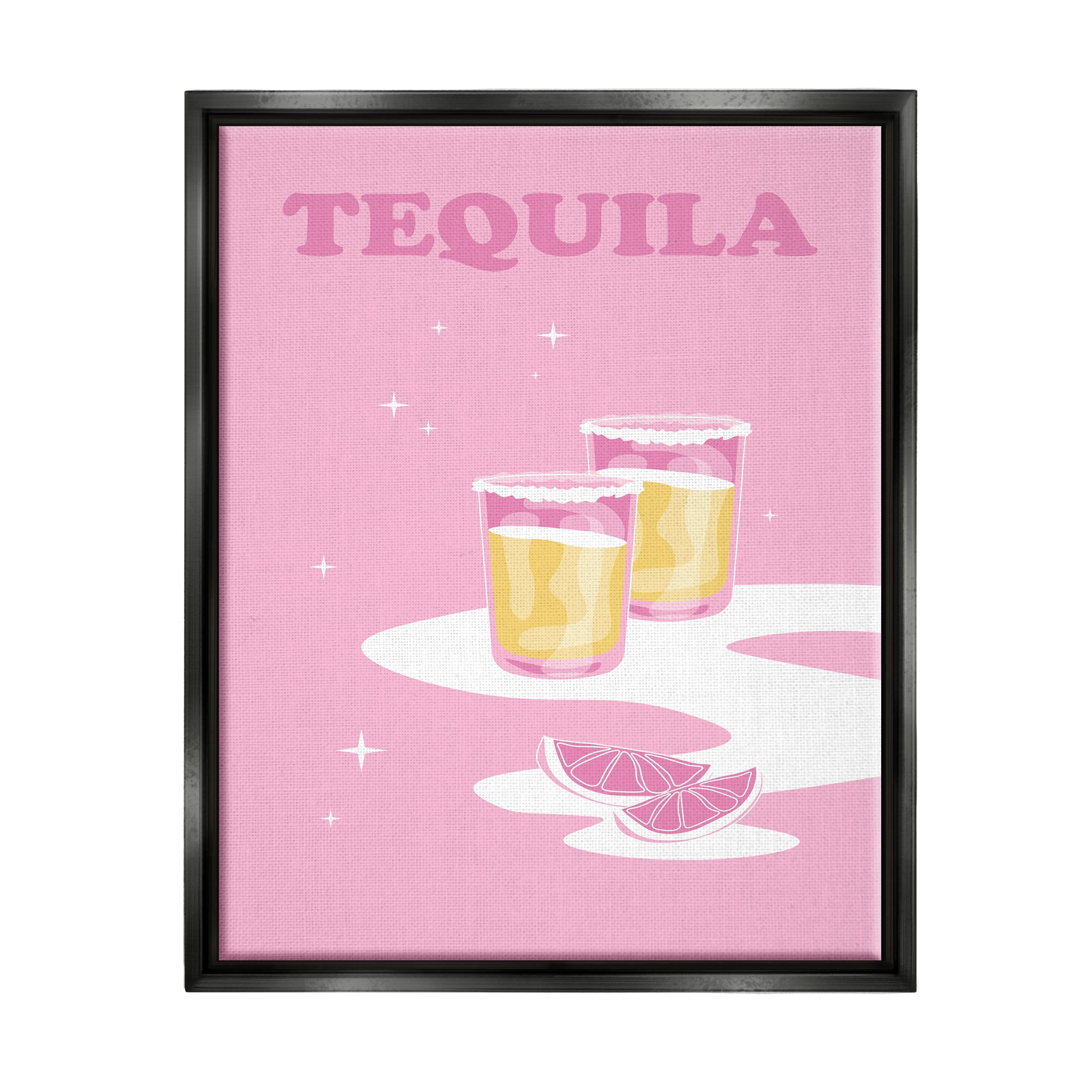 Stupell Industries Bold Pink Tequila Shots Kitchen Cocktail Typography Graphic Art Jet Black Floating Framed Canvas Print Wall Art, Design by Birch&Ink