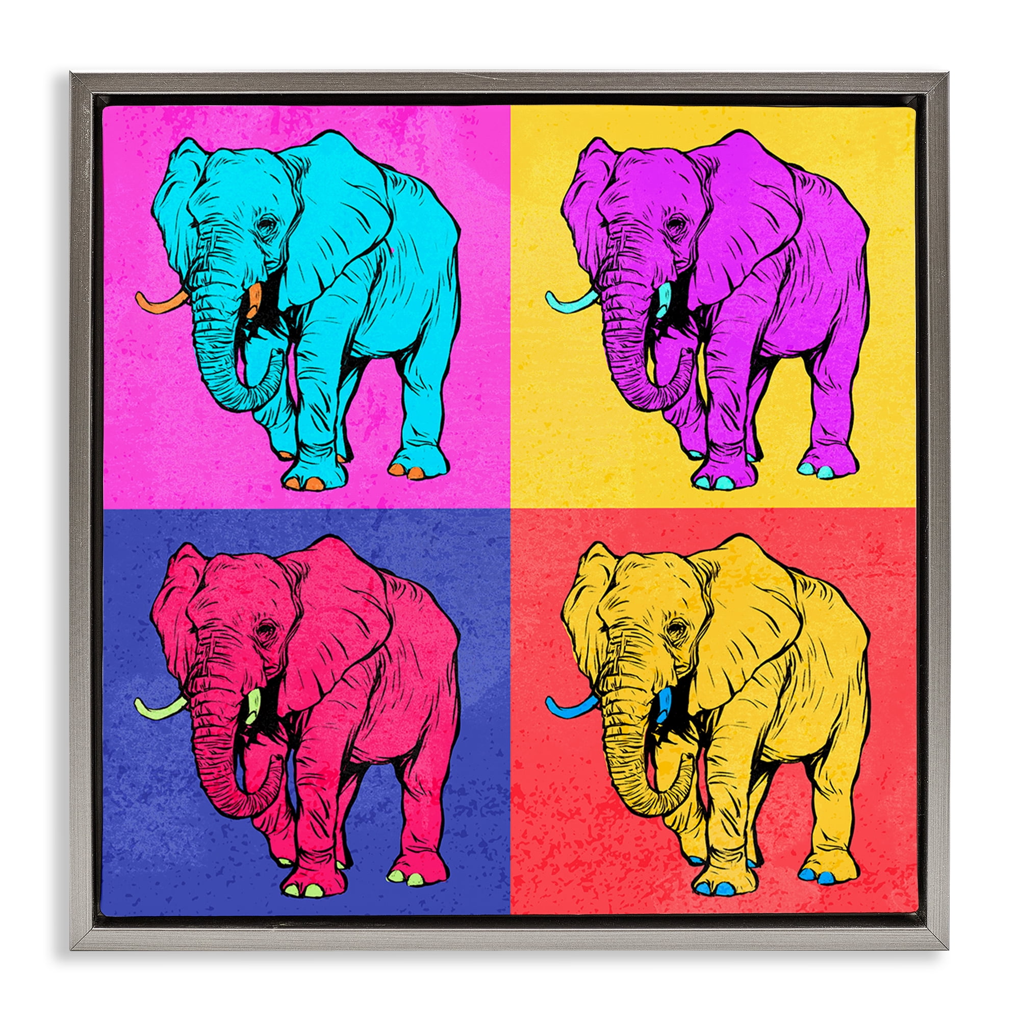 Stupell Industries Bold Pop Elephants Animals Painting Gray Floater Framed Canvas Art Print Wall Art, 25 x 25