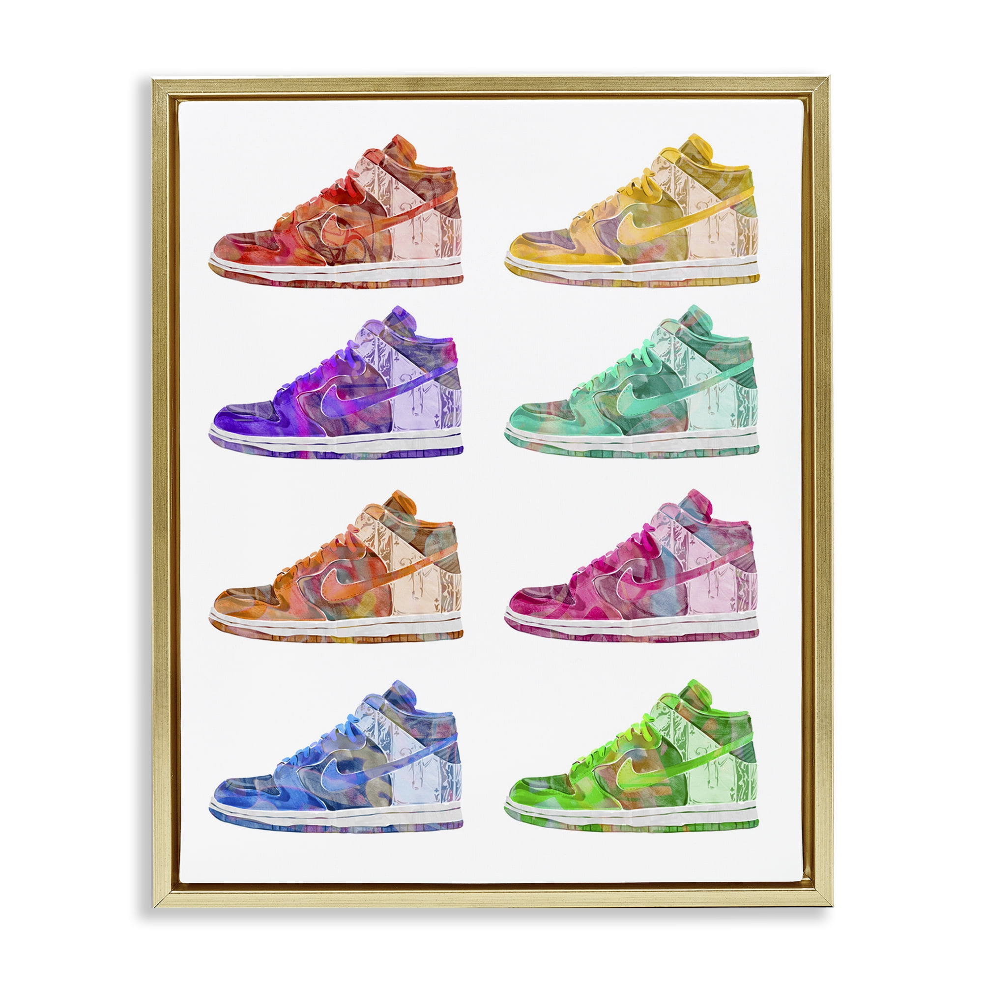 Stupell Industries Bold Rainbow Sneakers Beauty & Fashion Painting Gold Floater Framed Art Print Wall Art, 17 x 21