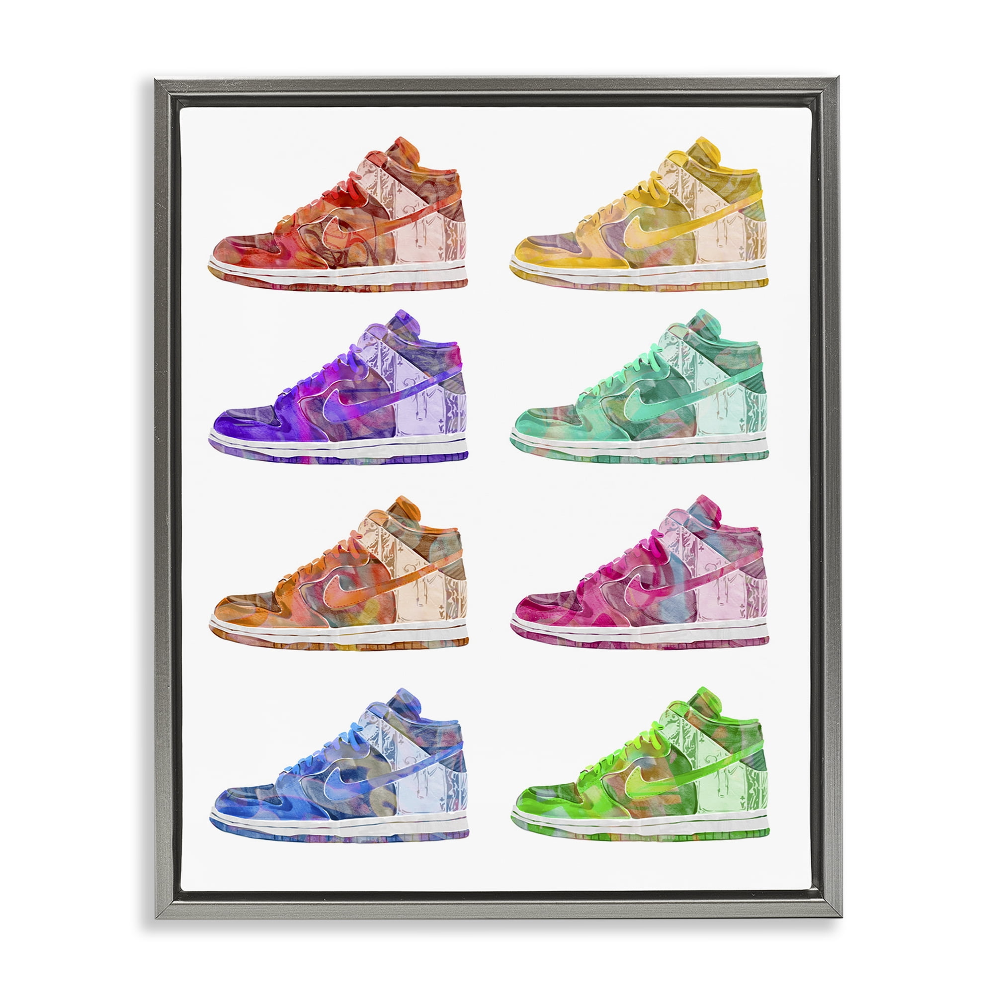 Stupell Industries Bold Rainbow Sneakers Beauty & Fashion Painting Gray Floater Framed Art Print Wall Art, 17 x 21