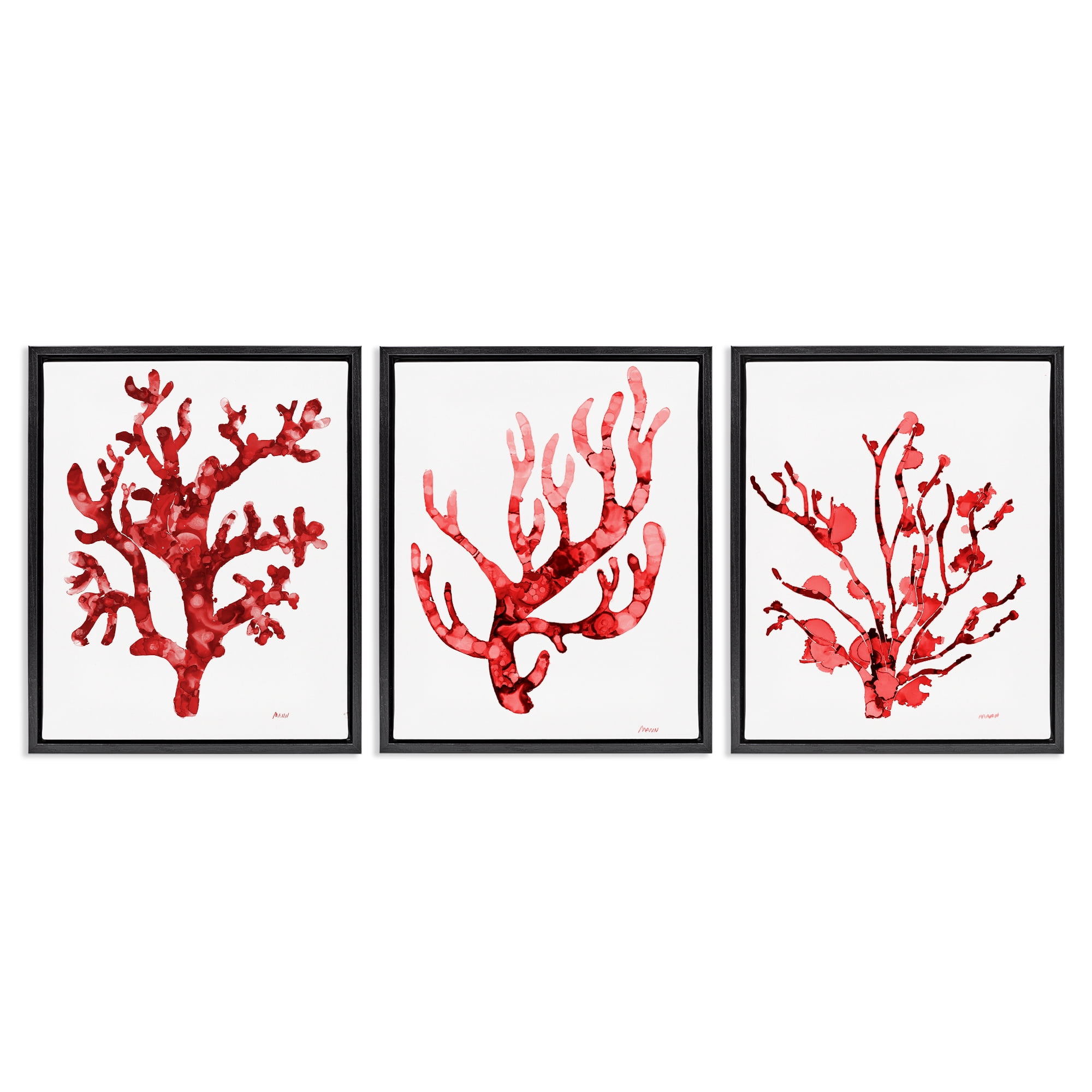 Stupell Industries Bold Red Coral Nautical & Beach Painting Black Floater Framed Canvas Art Print Wall Art, 25 x 31, Set of 3