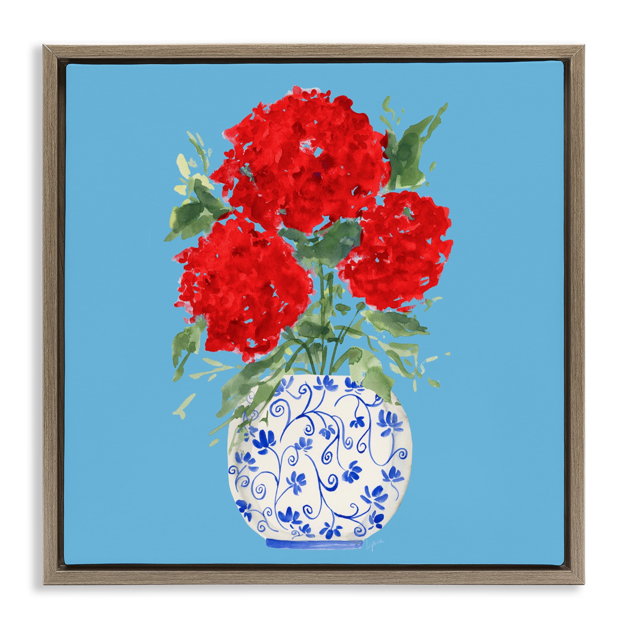 Stupell Industries Bold Red Hydrangea Trio Brown Framed Floater Canvas Wall Art, design by Lucille Price