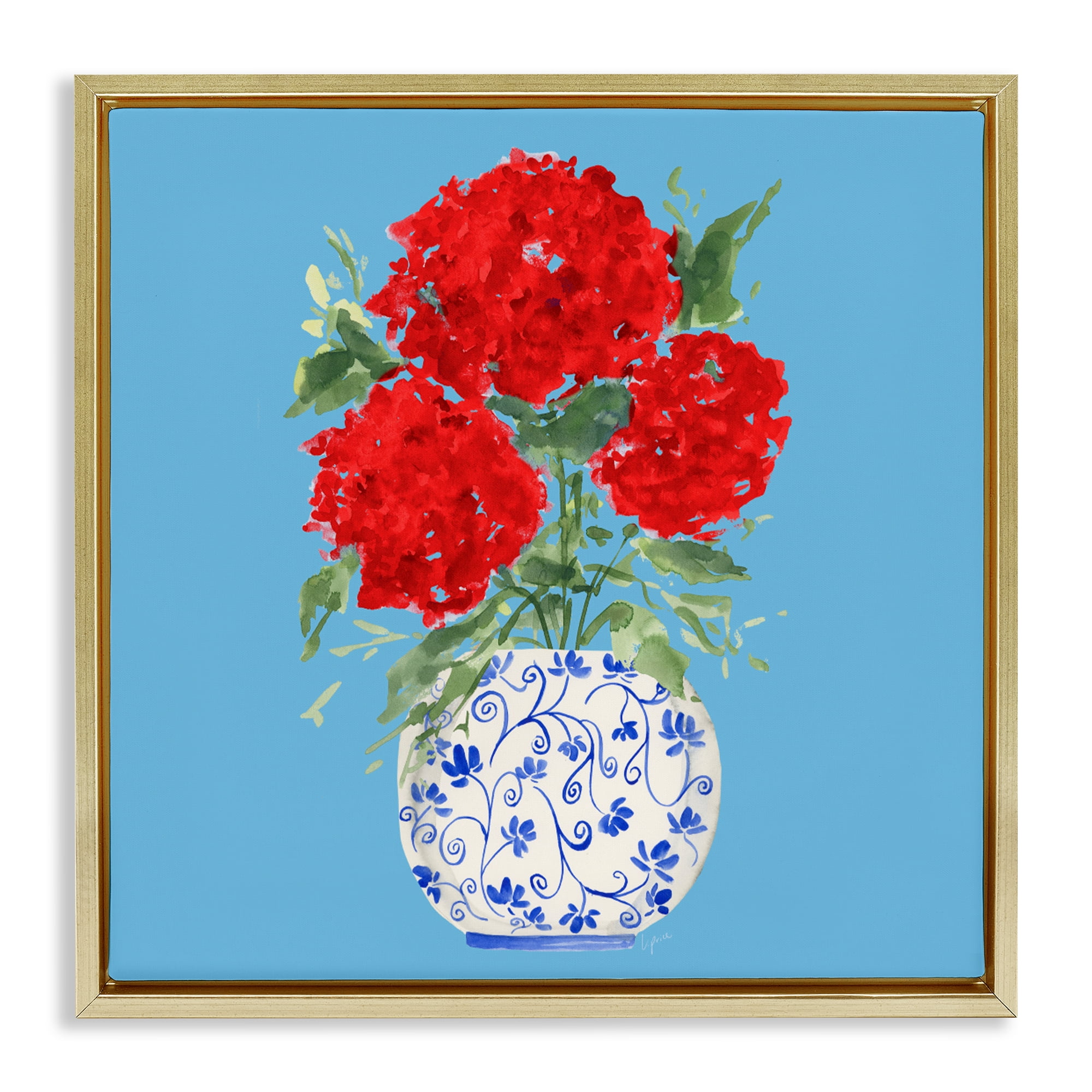 Stupell Industries Bold Red Hydrangea Trio Gold Framed Floater Canvas Wall Art, design by Lucille Price