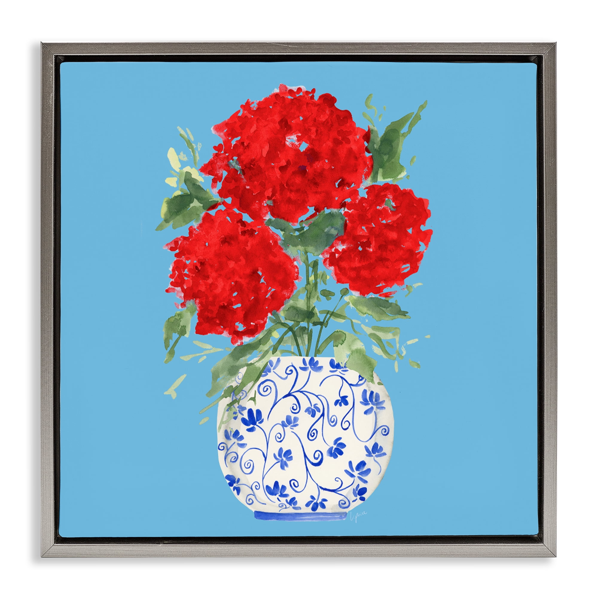 Stupell Industries Bold Red Hydrangea Trio Gray Framed Floater Canvas Wall Art, design by Lucille Price