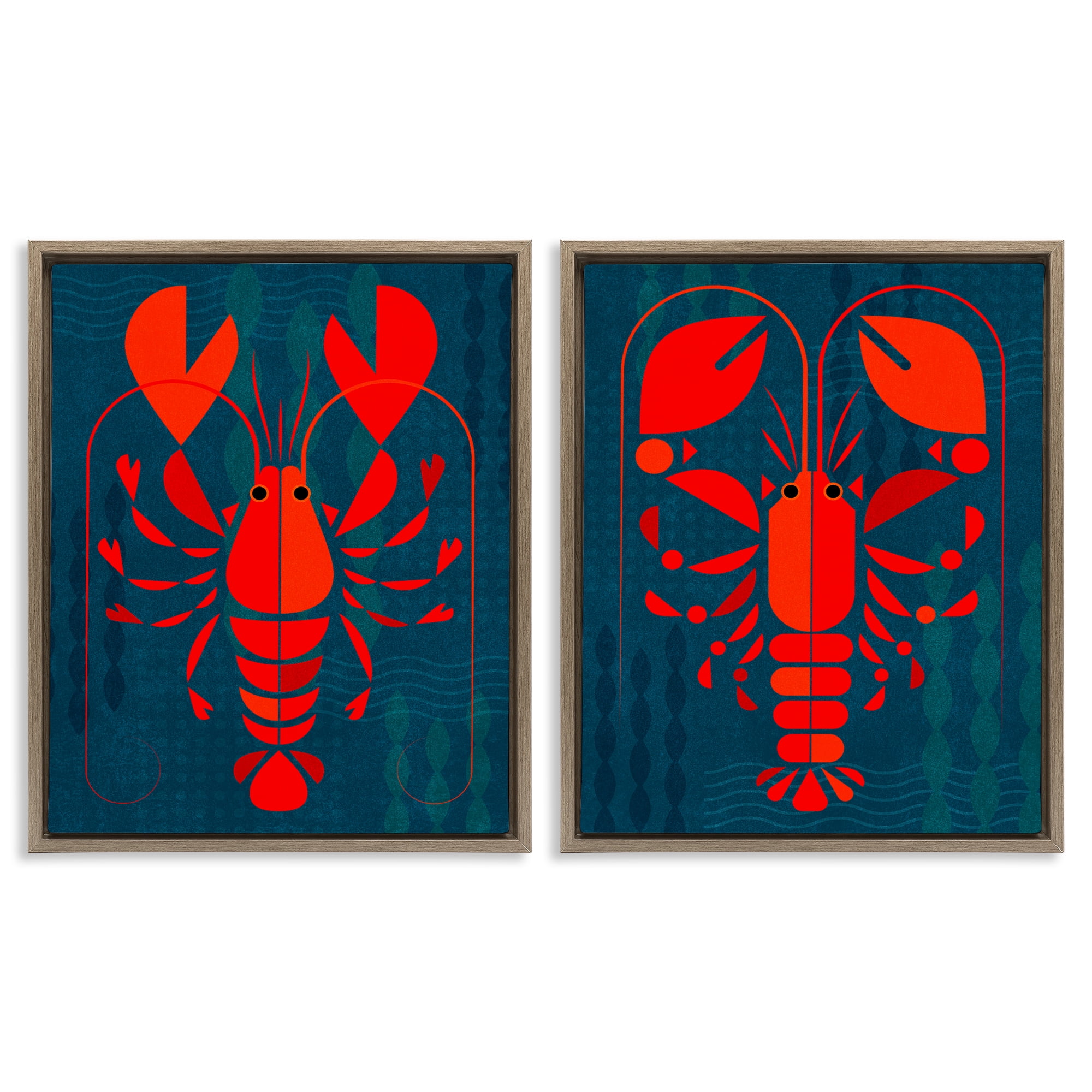 Stupell Industries Bold Red Lobsters Nautical & Beach Painting Brown Floater Framed Canvas Art Print Wall Art, 31 x 25, Set of 2