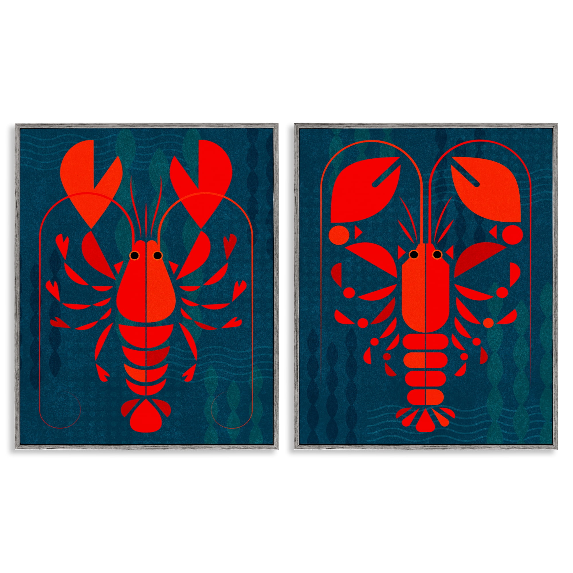 Stupell Industries Bold Red Lobsters Nautical & Beach Painting Gray Framed Art Print Wall Art, 11 x 14, Set of 2