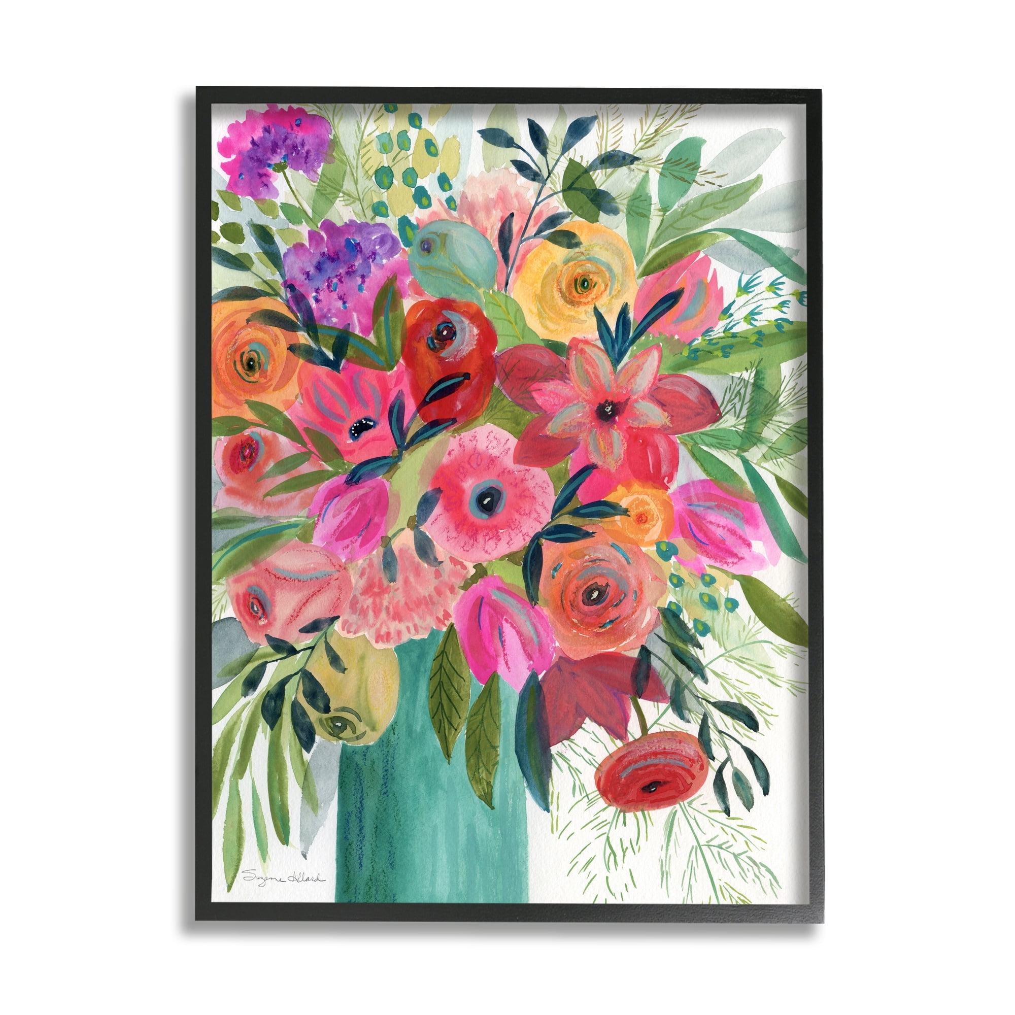 Stupell Industries Bold Red & Pink Mixed Bouquet Botanical & Floral Painting Black Framed Art Print Wall Art