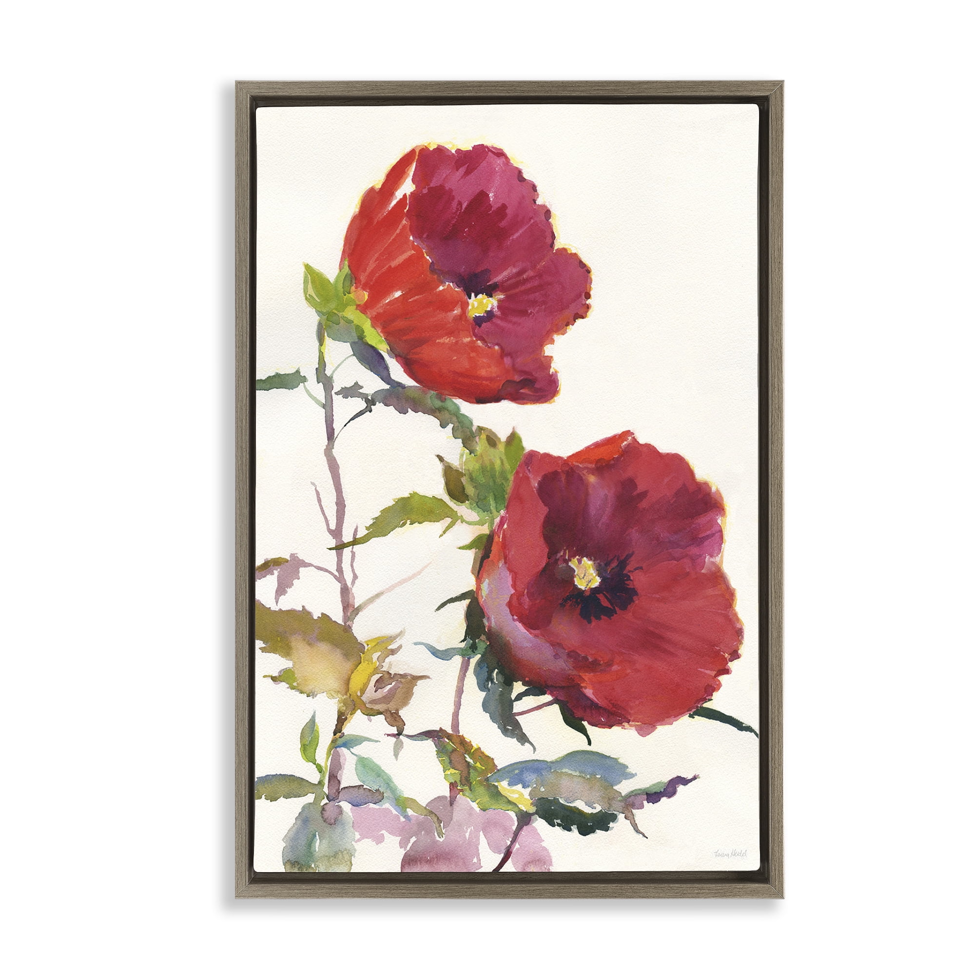 Stupell Industries Bold Red Poppies Botanical & Floral Painting Brown Floater Framed Art Print Wall Art, 17 x 25
