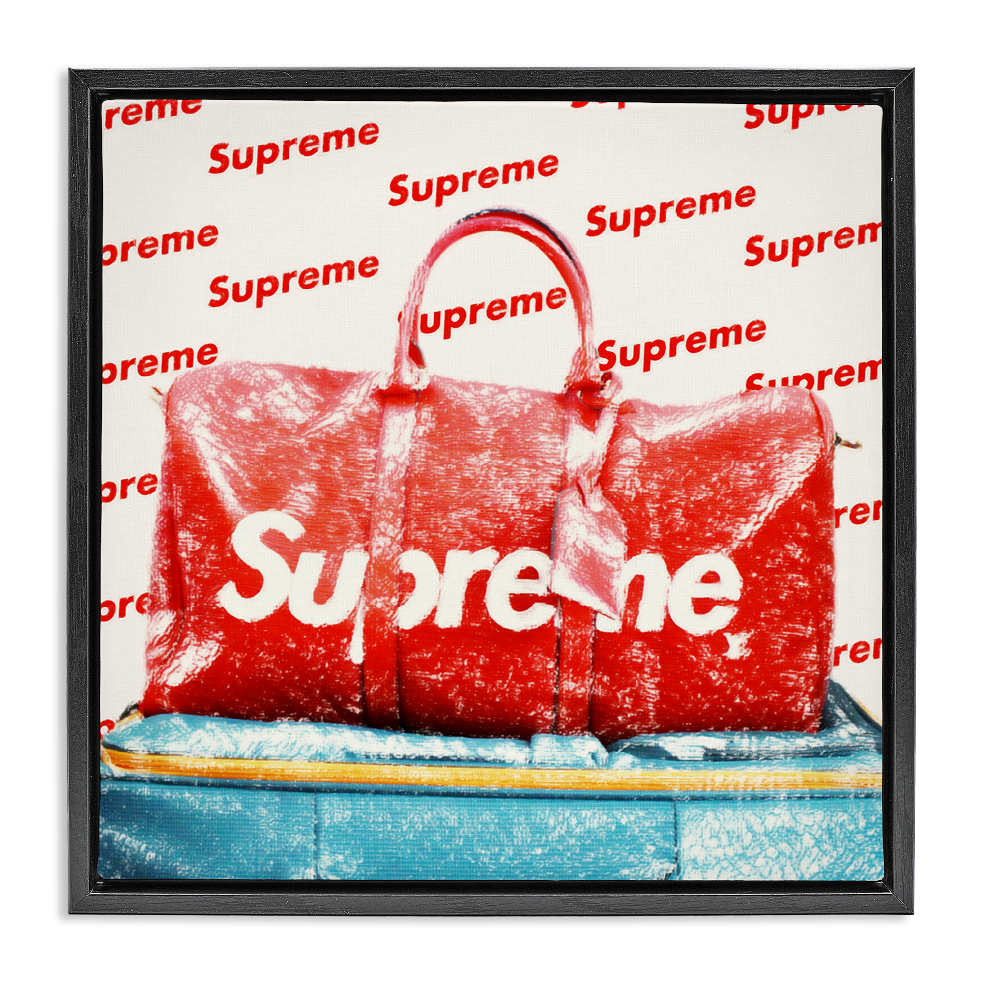 Stupell Industries Bold Red Weekender Bag Fashion Painting Black Floater Framed Canvas Art Print Wall Art, 25 x 25