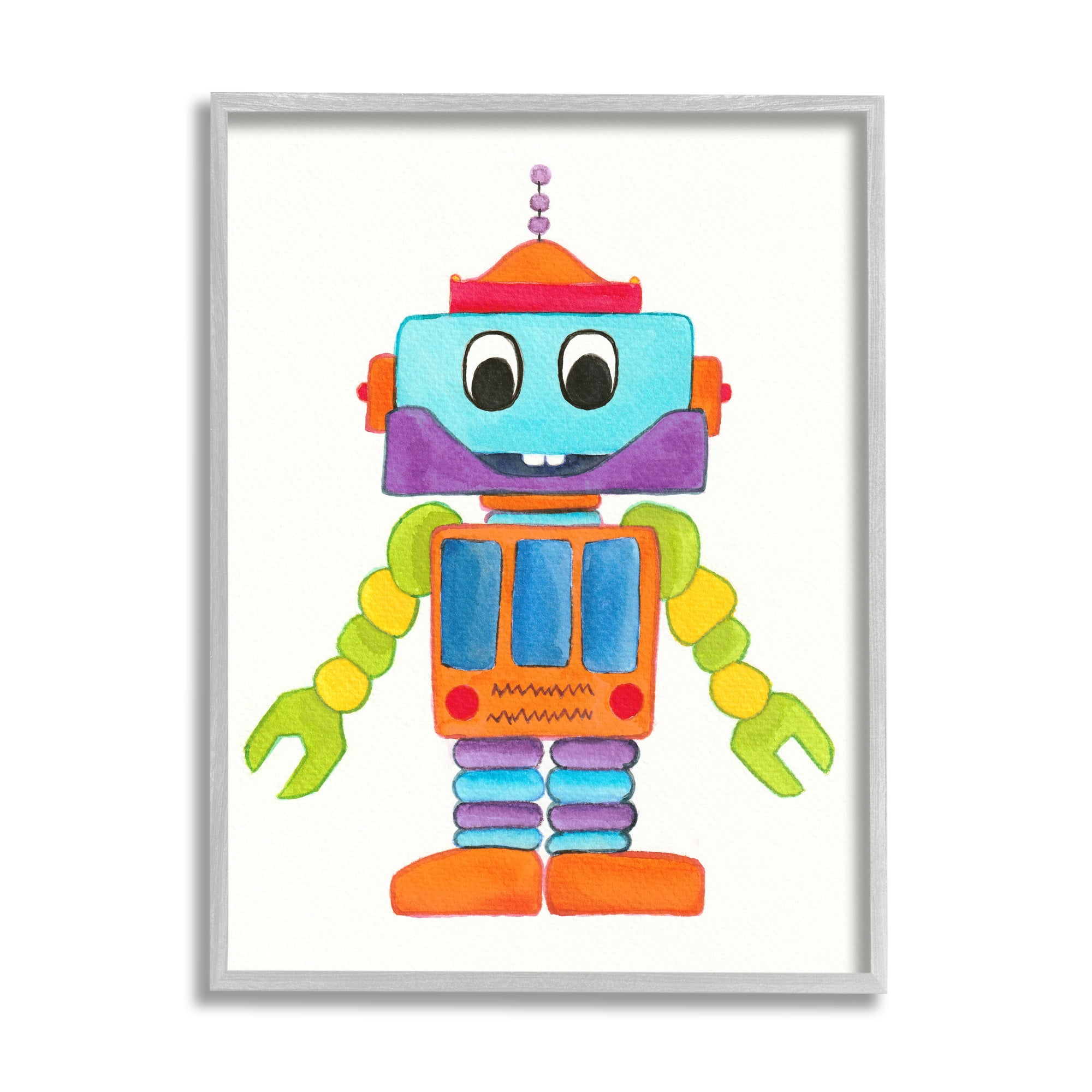 Stupell Industries Bold Smiling Robot Vivid Playful Kids Illustration Painting Gray Framed Art Print Wall Art, Design by Elvira Errico