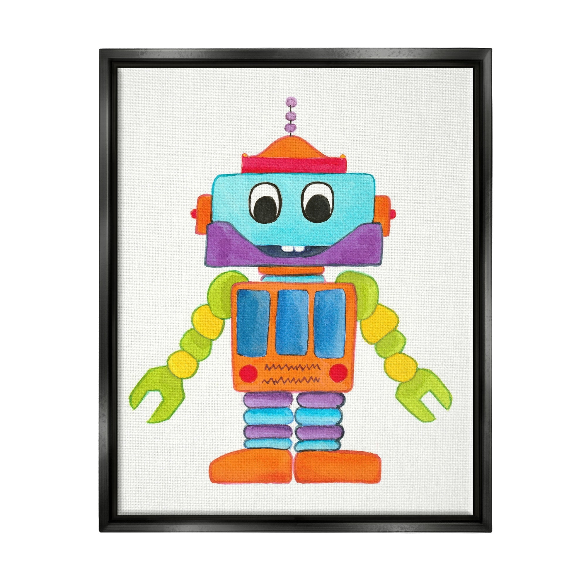 Stupell Industries Bold Smiling Robot Vivid Playful Kids Illustration Painting Jet Black Floating Framed Canvas Print Wall Art, Design by Elvira Errico