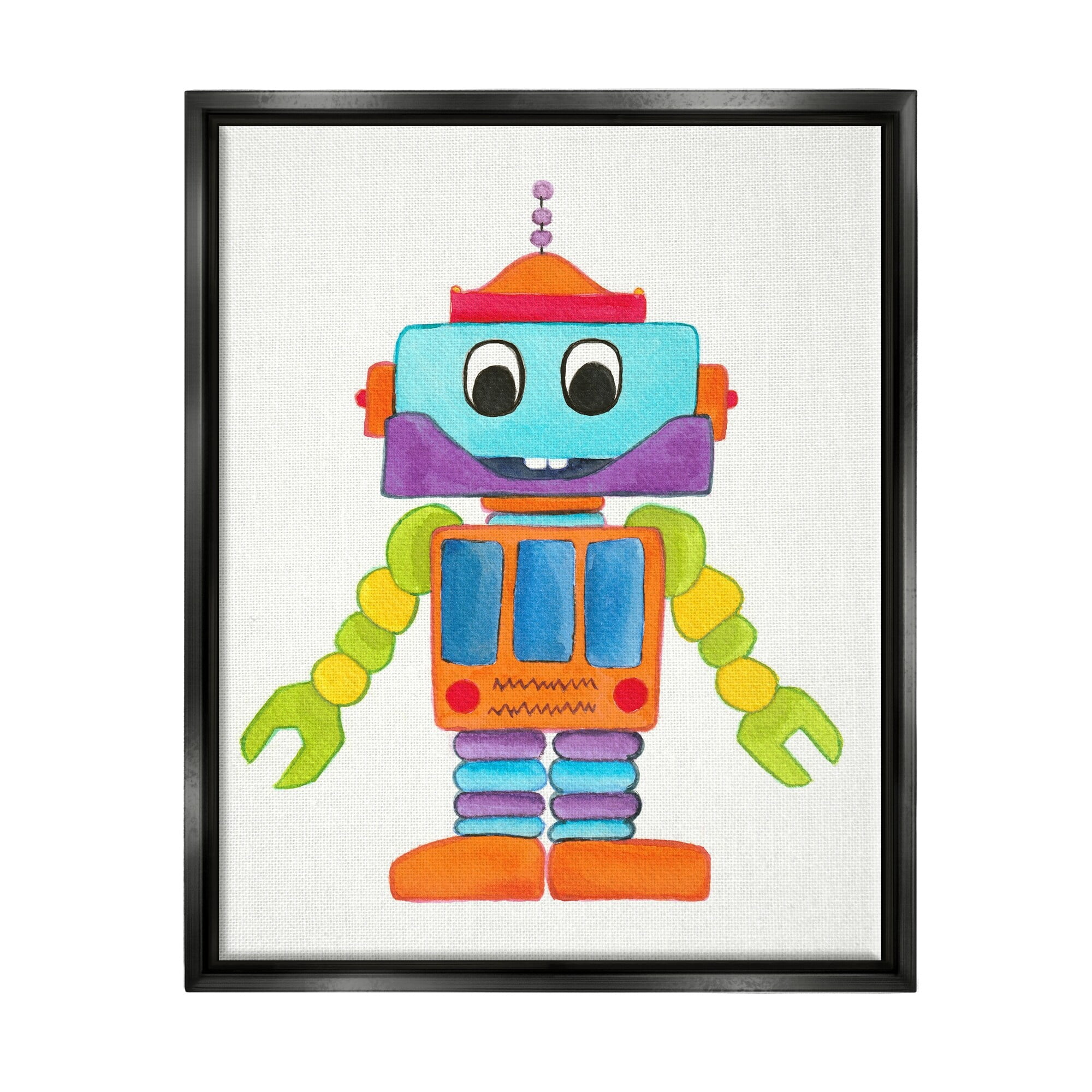Stupell Industries Bold Smiling Robot Vivid Playful Kids Illustration Painting Jet Black Floating Framed Canvas Print Wall Art, Design by Elvira Errico