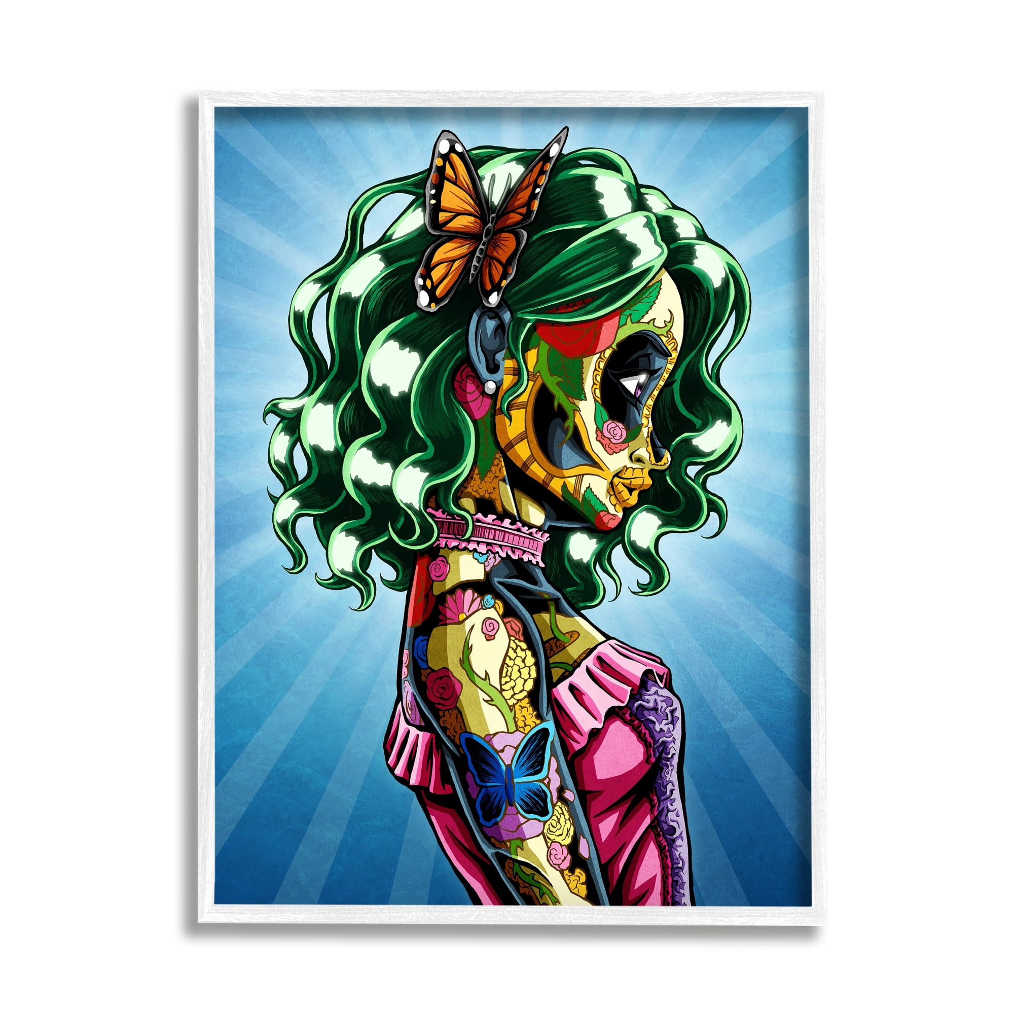 Stupell Industries Bold Style Detailed Tattooed Girl Green Hair Butterfly Framed Wall Art, 11 x 14, Design by Nicholas Ivins