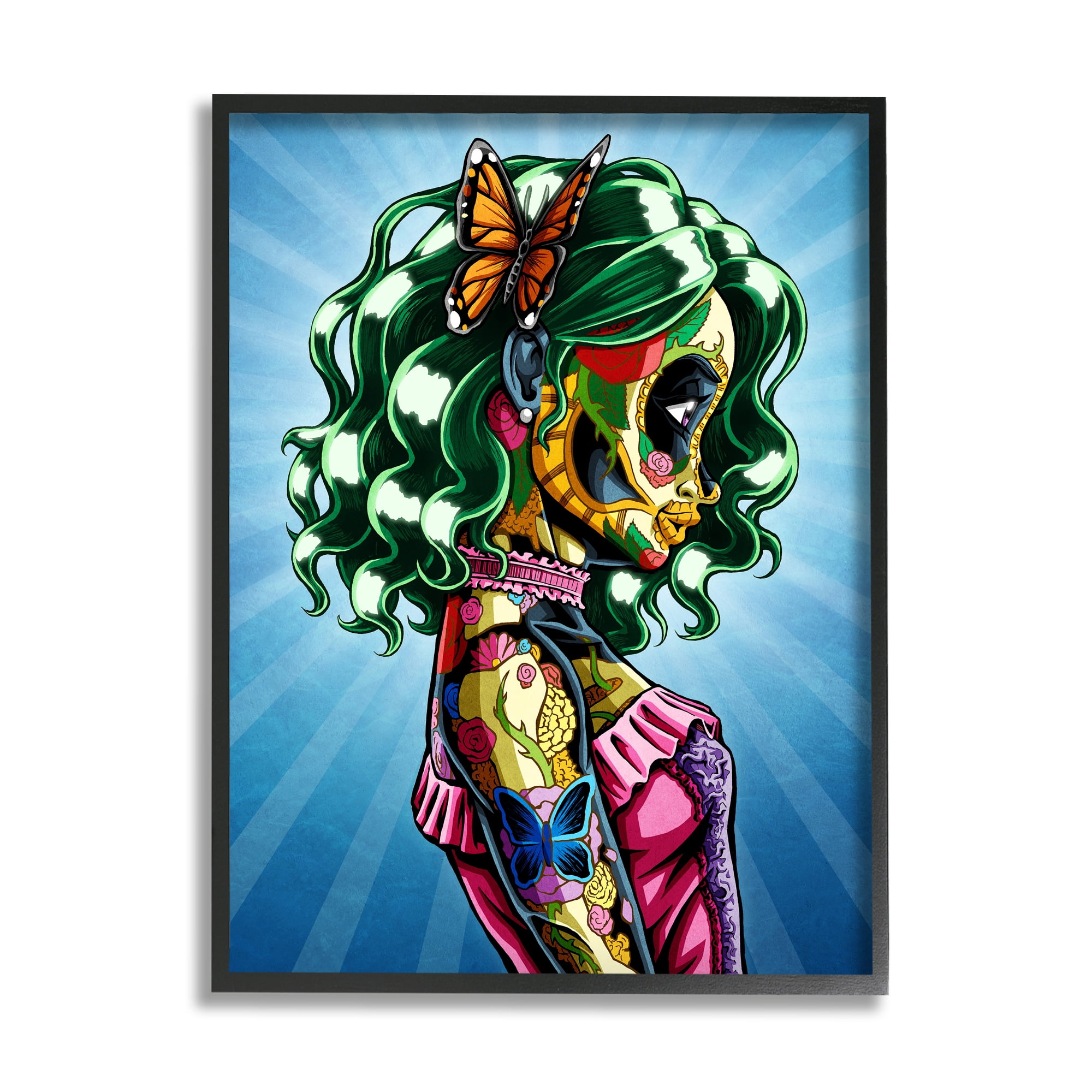 Stupell Industries Bold Style Detailed Tattooed Girl Green Hair Butterfly Framed Wall Art, 11 x 14, Design by Nicholas Ivins