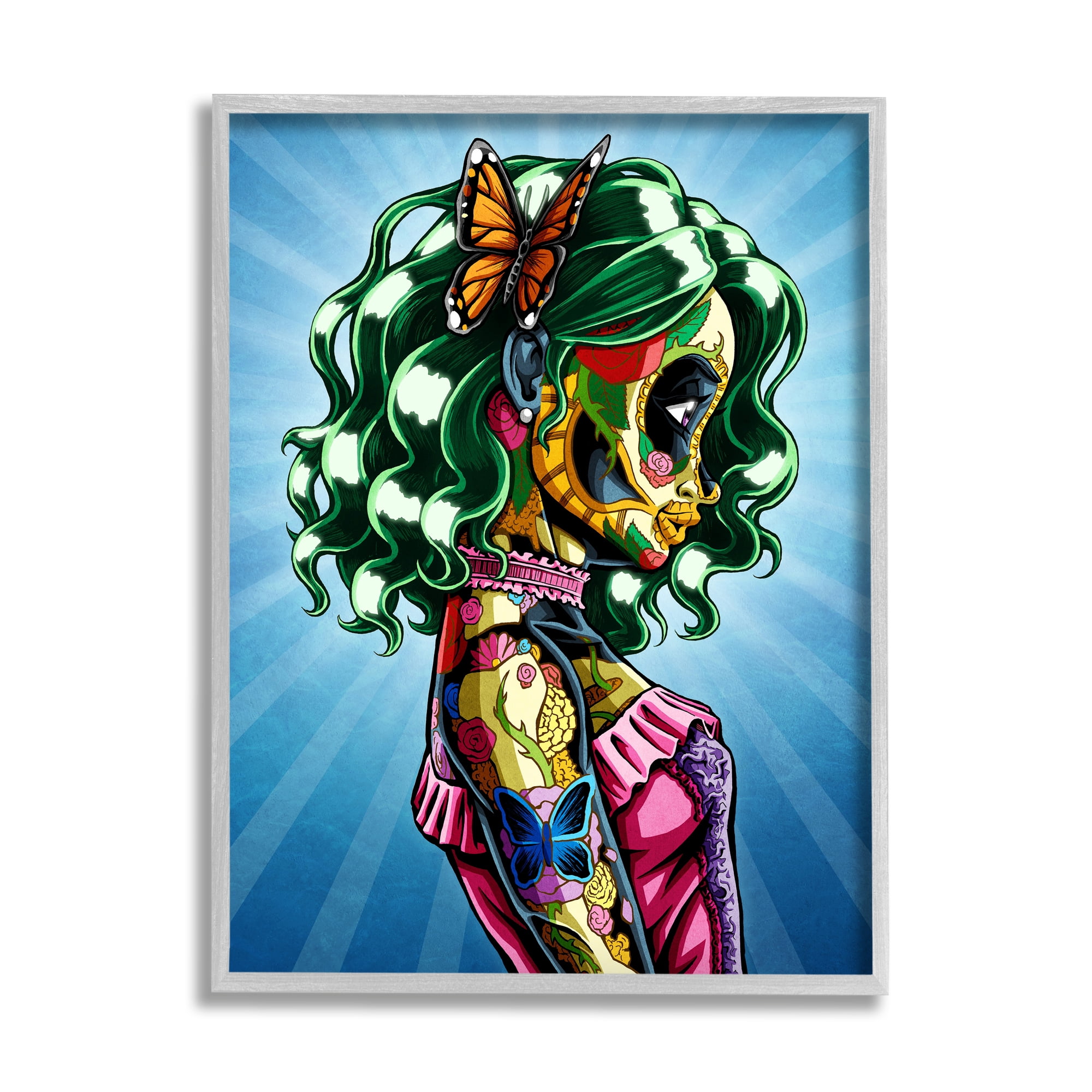 Stupell Industries Bold Style Detailed Tattooed Girl Green Hair Butterfly Framed Wall Art, 11 x 14, Design by Nicholas Ivins