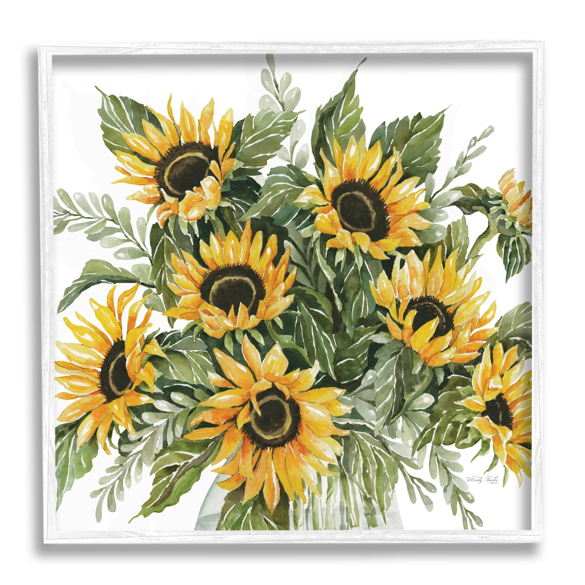 Stupell Industries Bold Sunflower Bunches Floral Country Blossom Bouquet Graphic Art White Framed Art Print Wall Art, Design by Cindy Jacobs