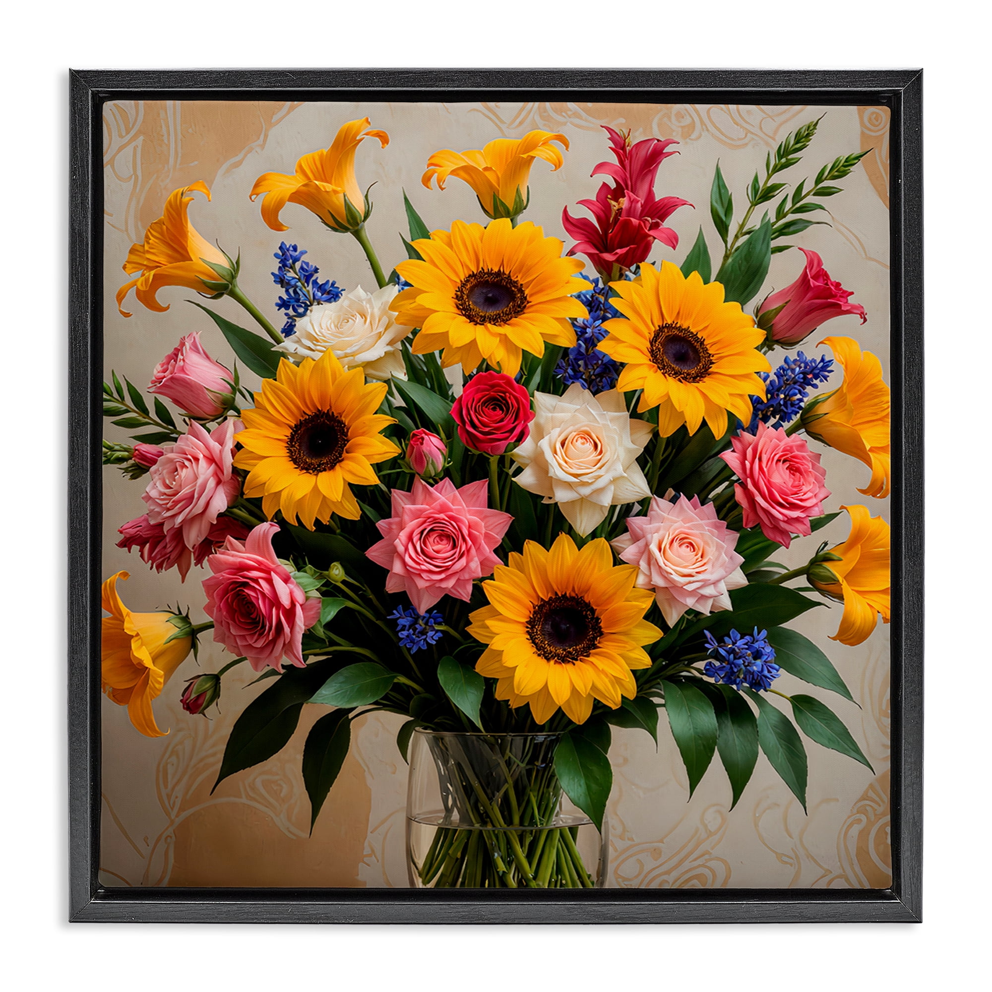 Stupell Industries Bold Sunflowers Mixed Bouquet Plants & Flowers Painting Black Floater Framed Canvas Art Print Wall Art, 25 x 25