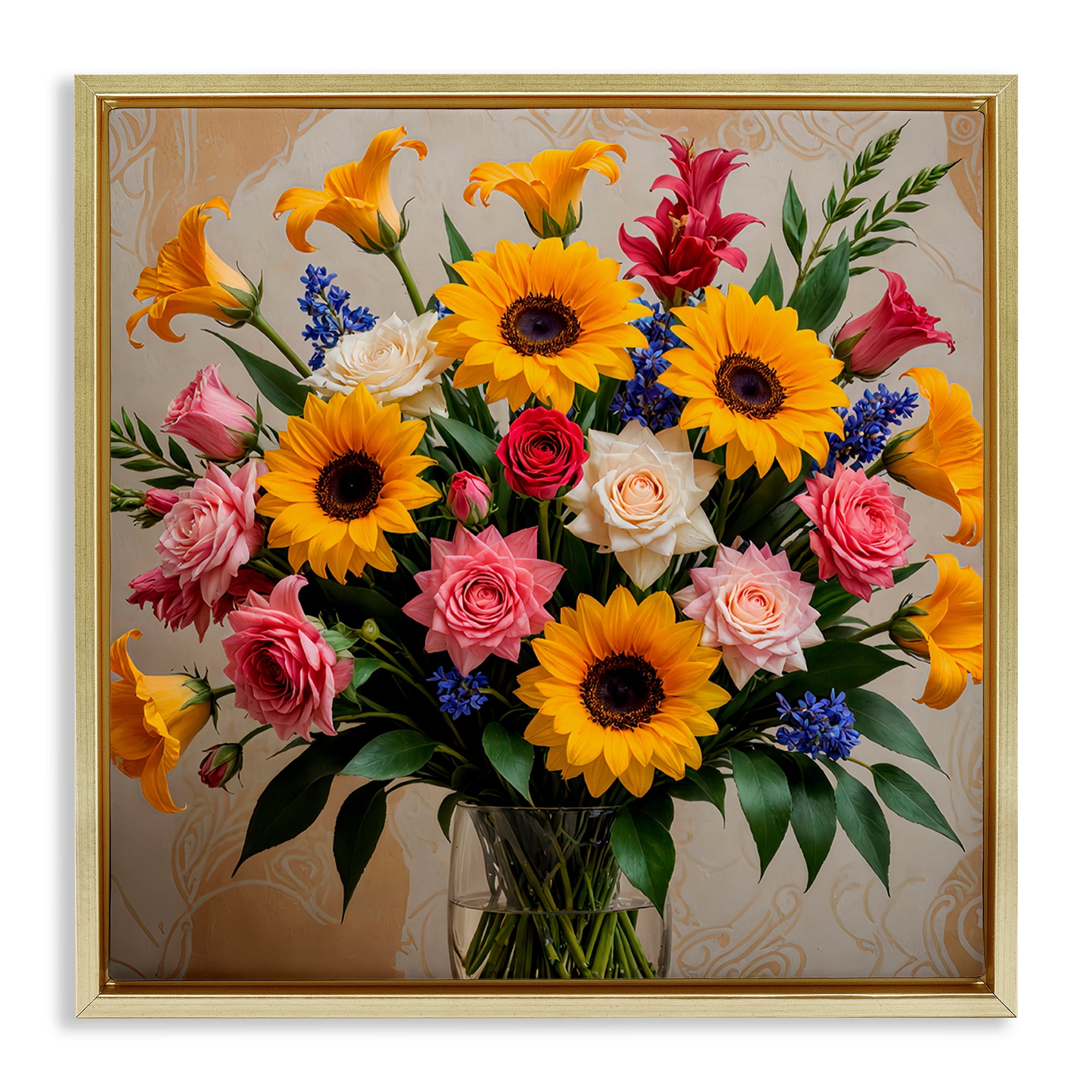 Stupell Industries Bold Sunflowers Mixed Bouquet Plants & Flowers Painting Gold Floater Framed Canvas Art Print Wall Art, 18 x 18
