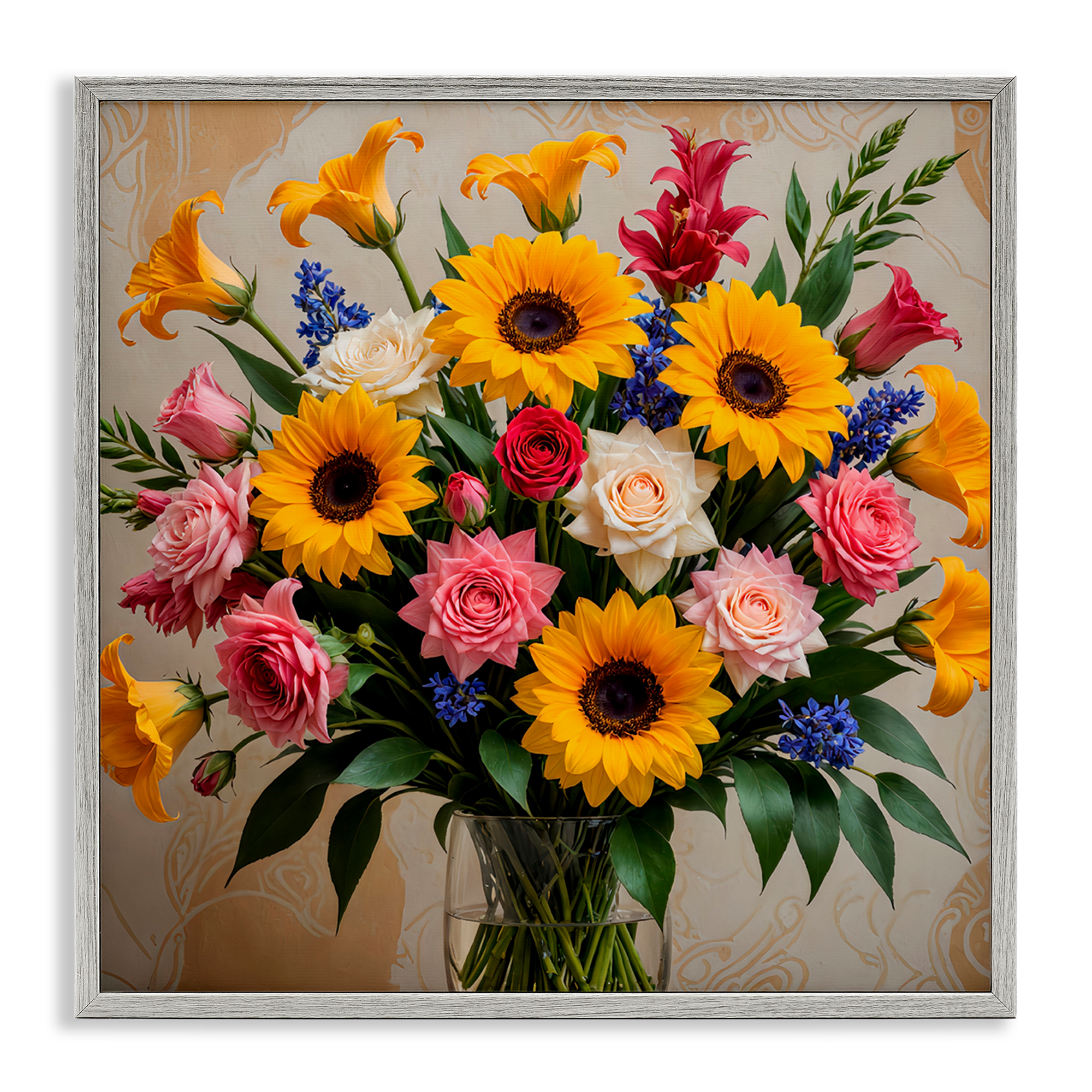 Stupell Industries Bold Sunflowers Mixed Bouquet Plants & Flowers Painting Gray Framed Art Print Wall Art, 17 x 17